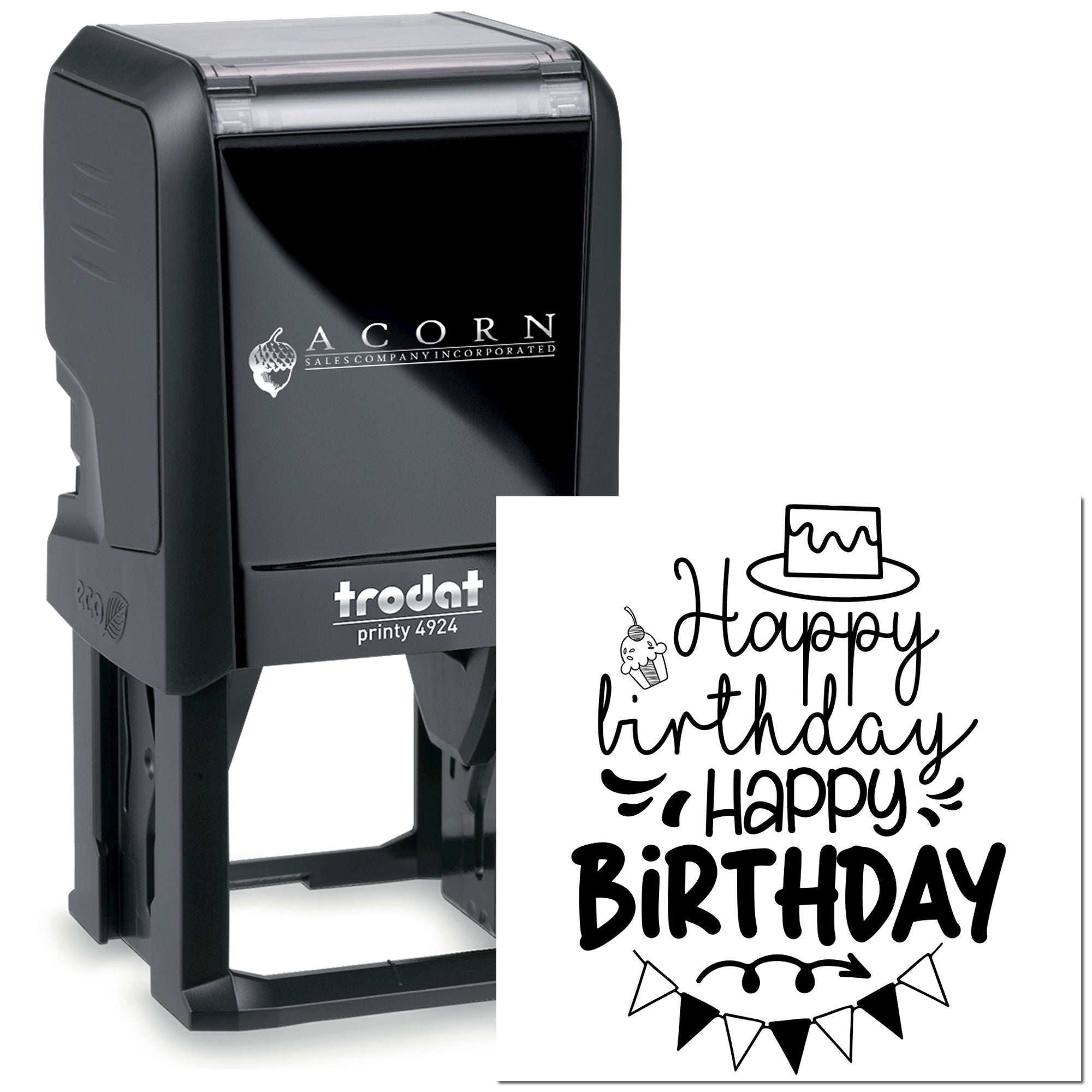 Trodat self-inking birthday rubber stamp with Happy Birthday design for personalized cards, crafts, and gift packaging.