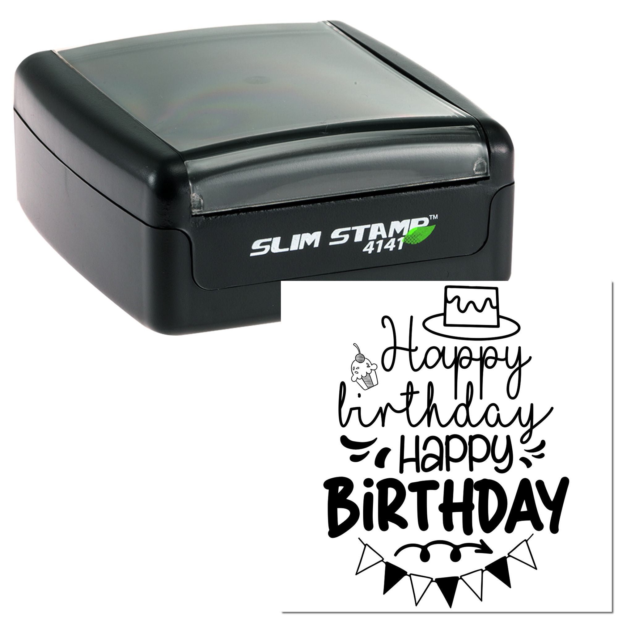 Slim Stamp 4141 birthday rubber stamp featuring Happy Birthday design with cake, cupcake and bunting for card making.