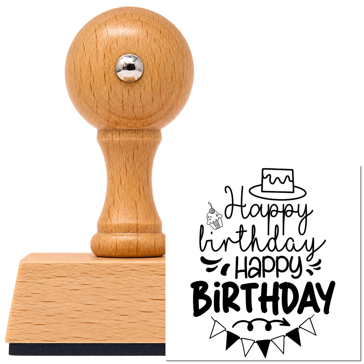 Repeated Birthday Cake Bunting Vintage Pro rubber stamp in European beech wood with a round knob handle, shown beside its black imprint.