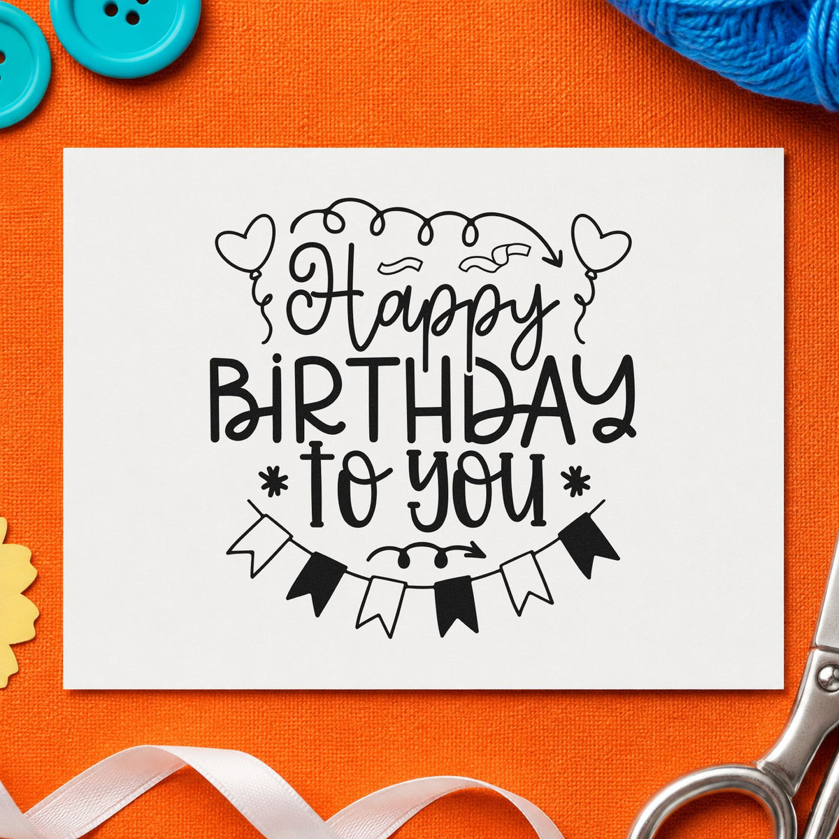 Happy Birthday Heart Balloons craft stamp in black ink on cardstock, an easy option for home night album page.