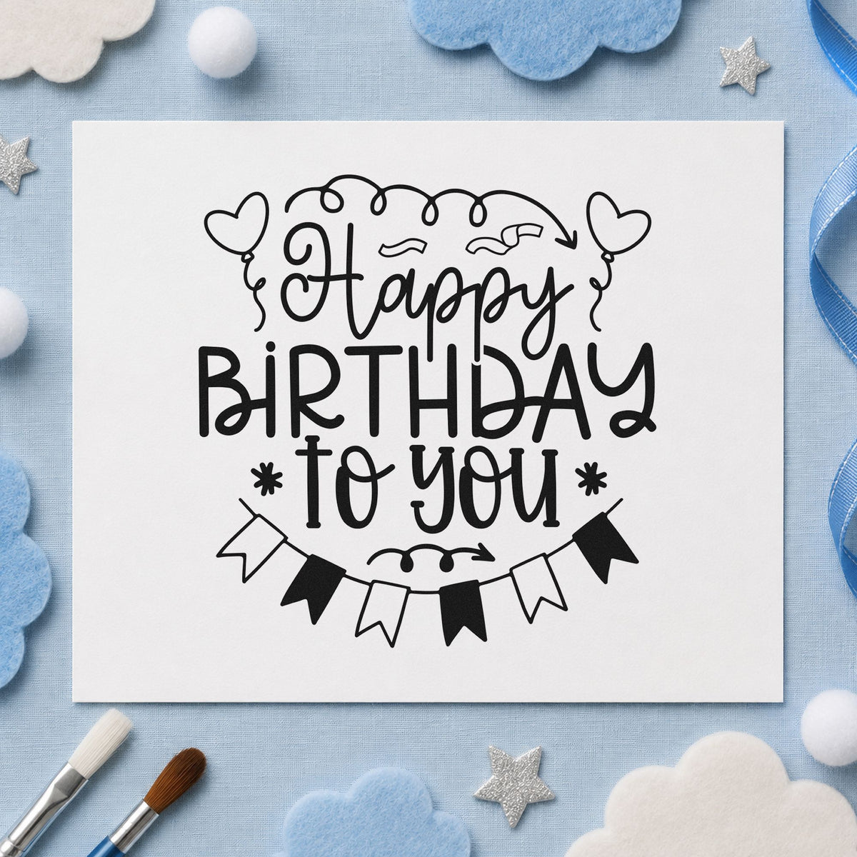 Happy Birthday Heart Balloons craft stamp imprint in black ink on a handmade project, one idea being present gift tags.
