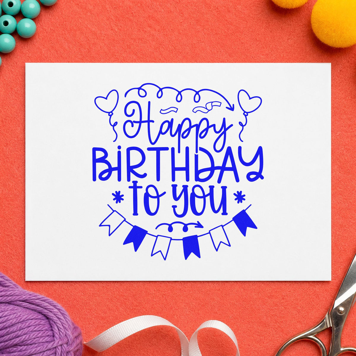 Happy Birthday Heart Balloons craft stamp imprinted in blue ink on paper, a design suited to framed bedroom shelf.