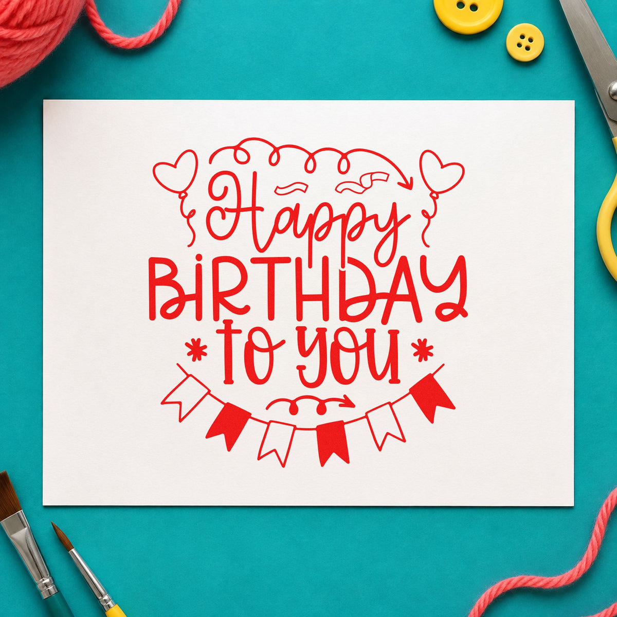Happy Birthday Heart Balloons rubber stamp shown in red ink, stamped for projects such as bin decor labels.