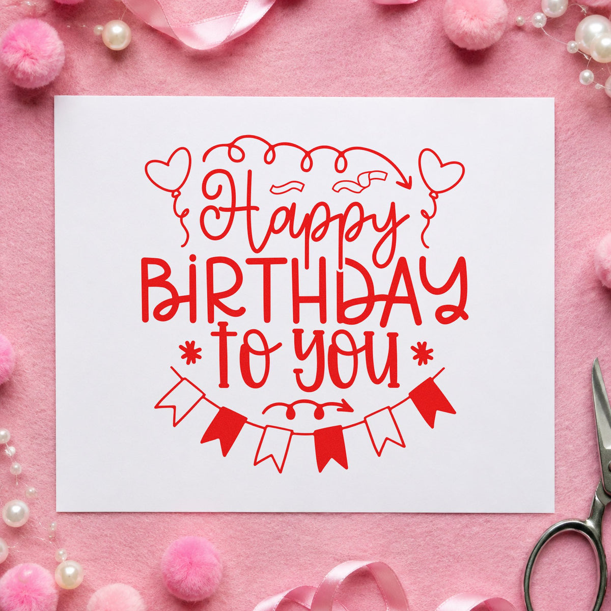 Happy Birthday Heart Balloons craft stamp imprint in red ink on a handmade project, one idea being clue note cards.