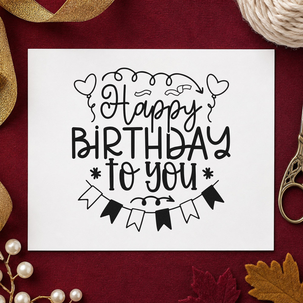 Happy Birthday Heart Balloons rubber stamp printed in black ink, ready for two heart cards and similar paper crafts.