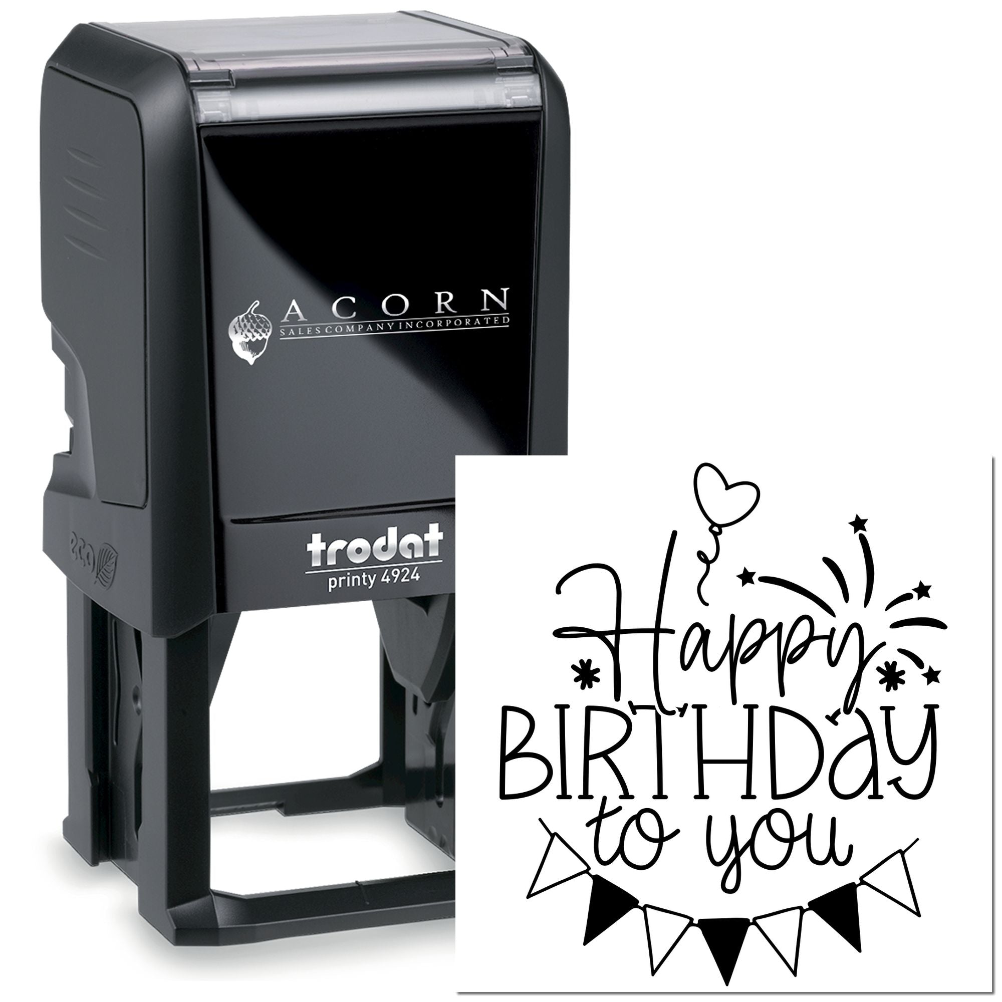Self-inking birthday rubber stamp with Happy Birthday to you design and party bunting for custom cards.