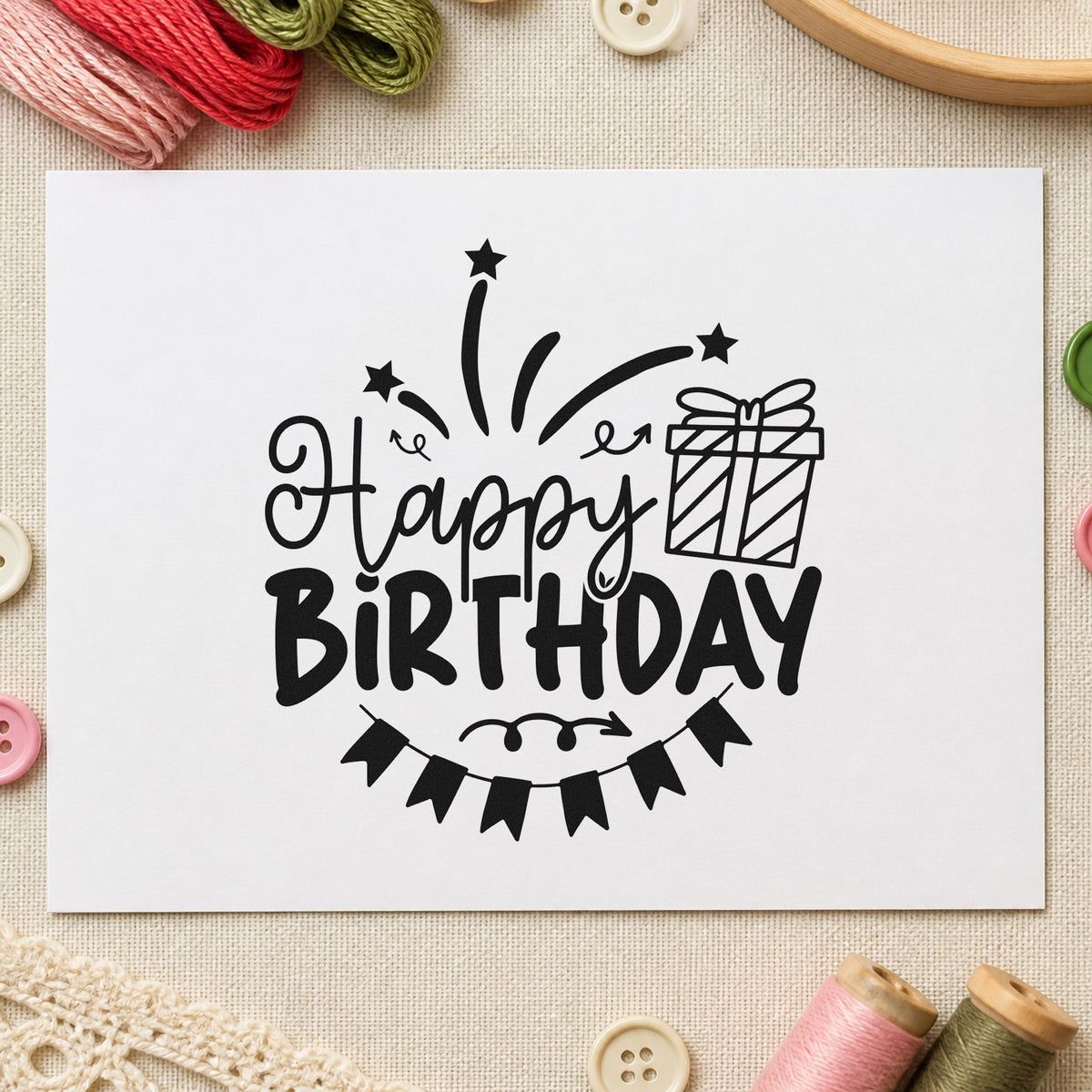 Happy Birthday Gift Bunting craft stamp in black ink on cardstock, an easy option for shop year album page.
