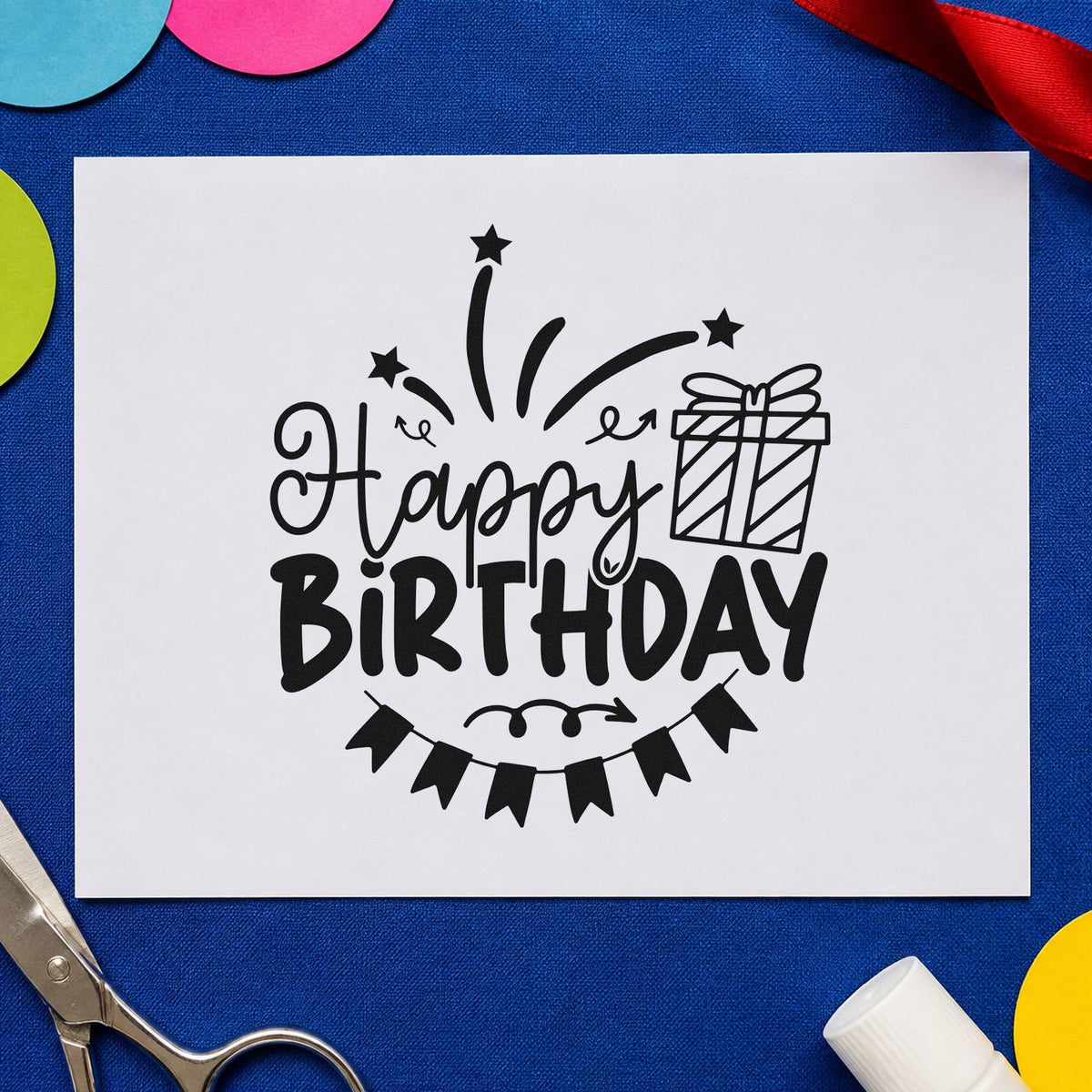Happy Birthday Gift Bunting craft stamp imprint in black ink on a handmade project, one idea being gift wrap tags.