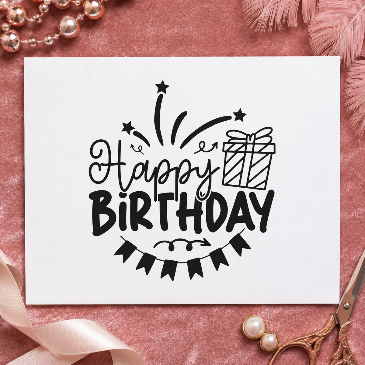Happy Birthday Gift Bunting rubber stamp printed in black ink, ready for reorder plan sheet and similar paper crafts.