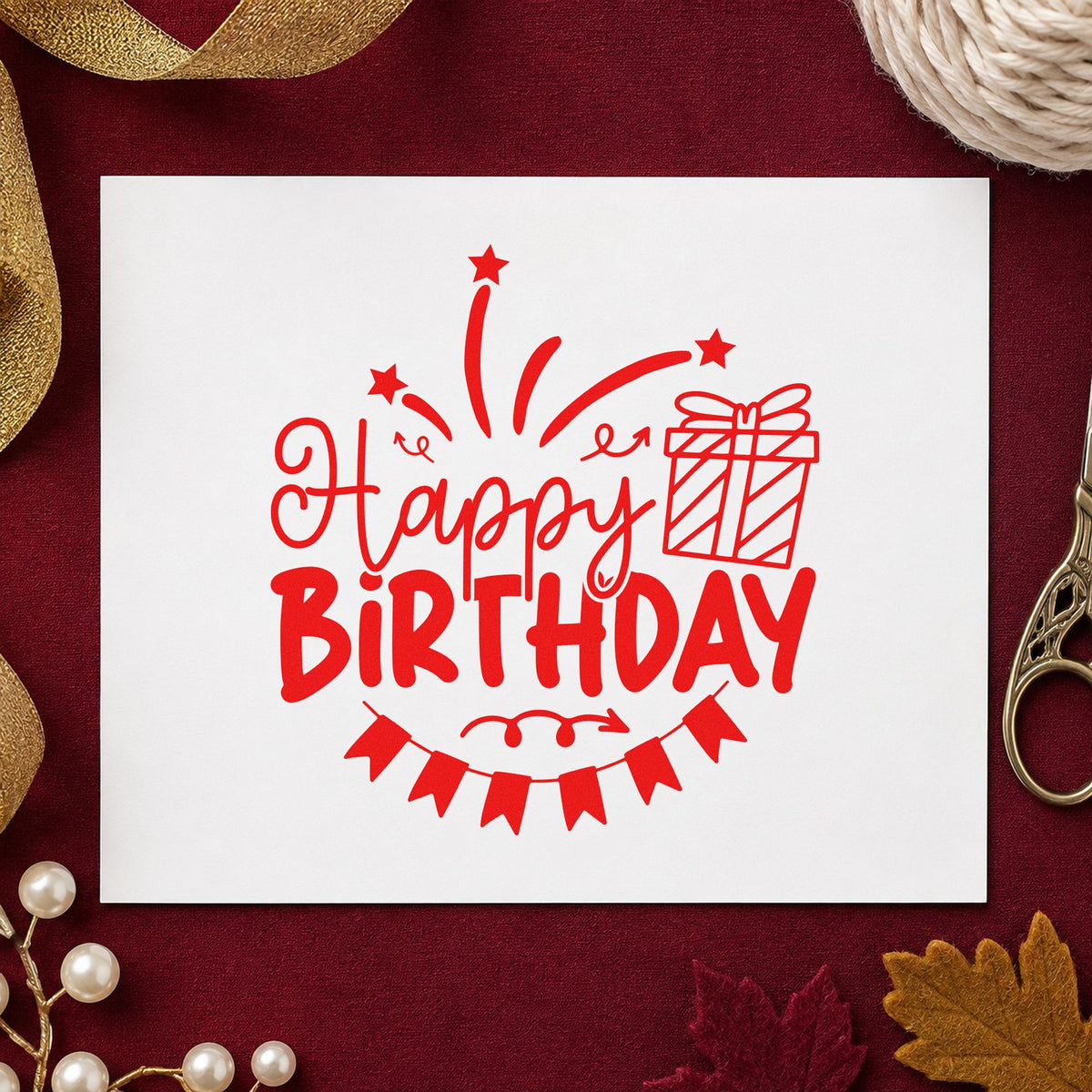 Happy Birthday Gift Bunting rubber stamp shown in red ink, stamped for projects such as shelf occasion labels.