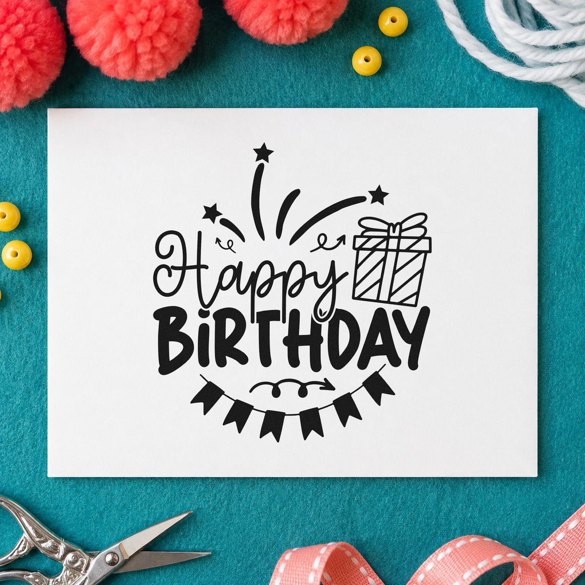 Happy Birthday Gift Bunting rubber stamp printed in black ink, ready for starburst bunting cards and similar paper crafts.