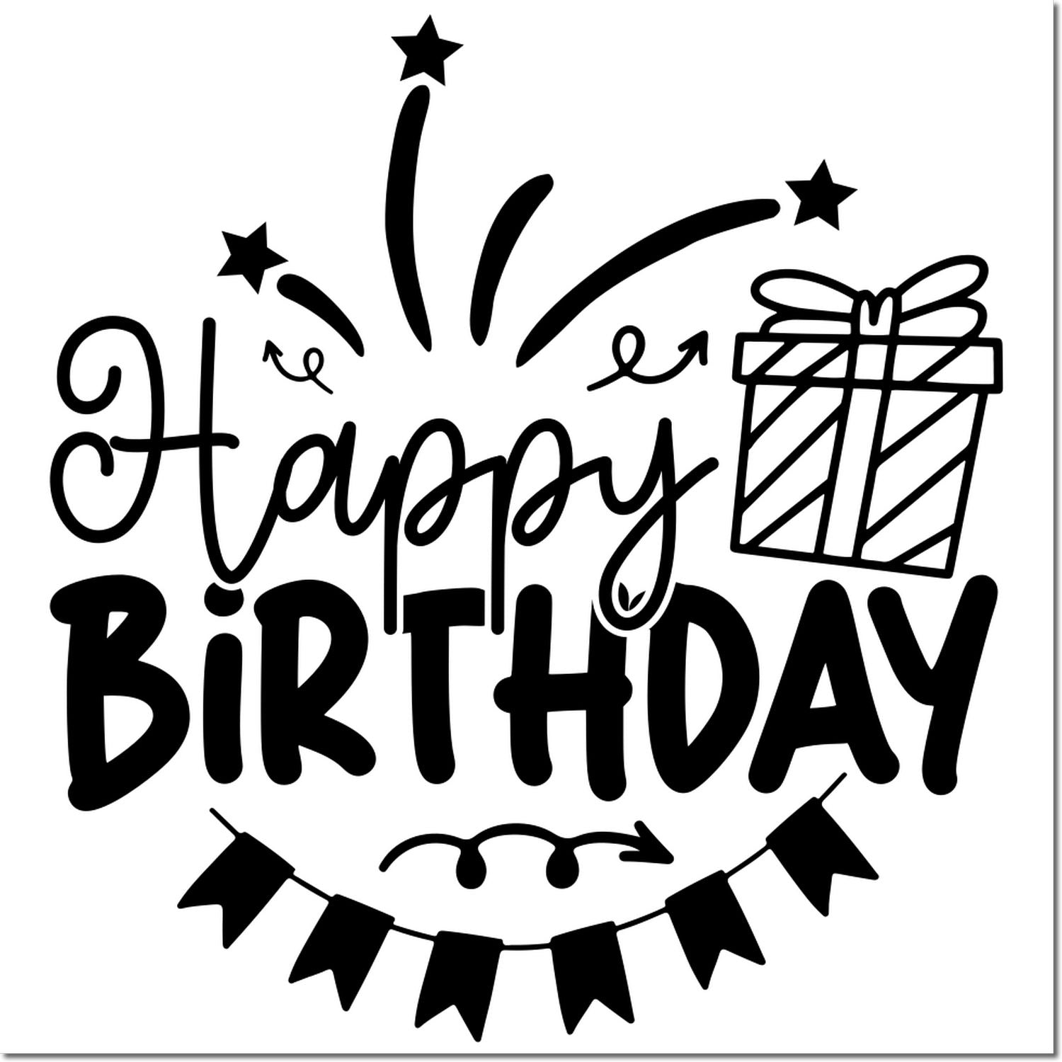 Happy Birthday rubber stamp design with gift, stars, fireworks and bunting for birthday cards and crafts