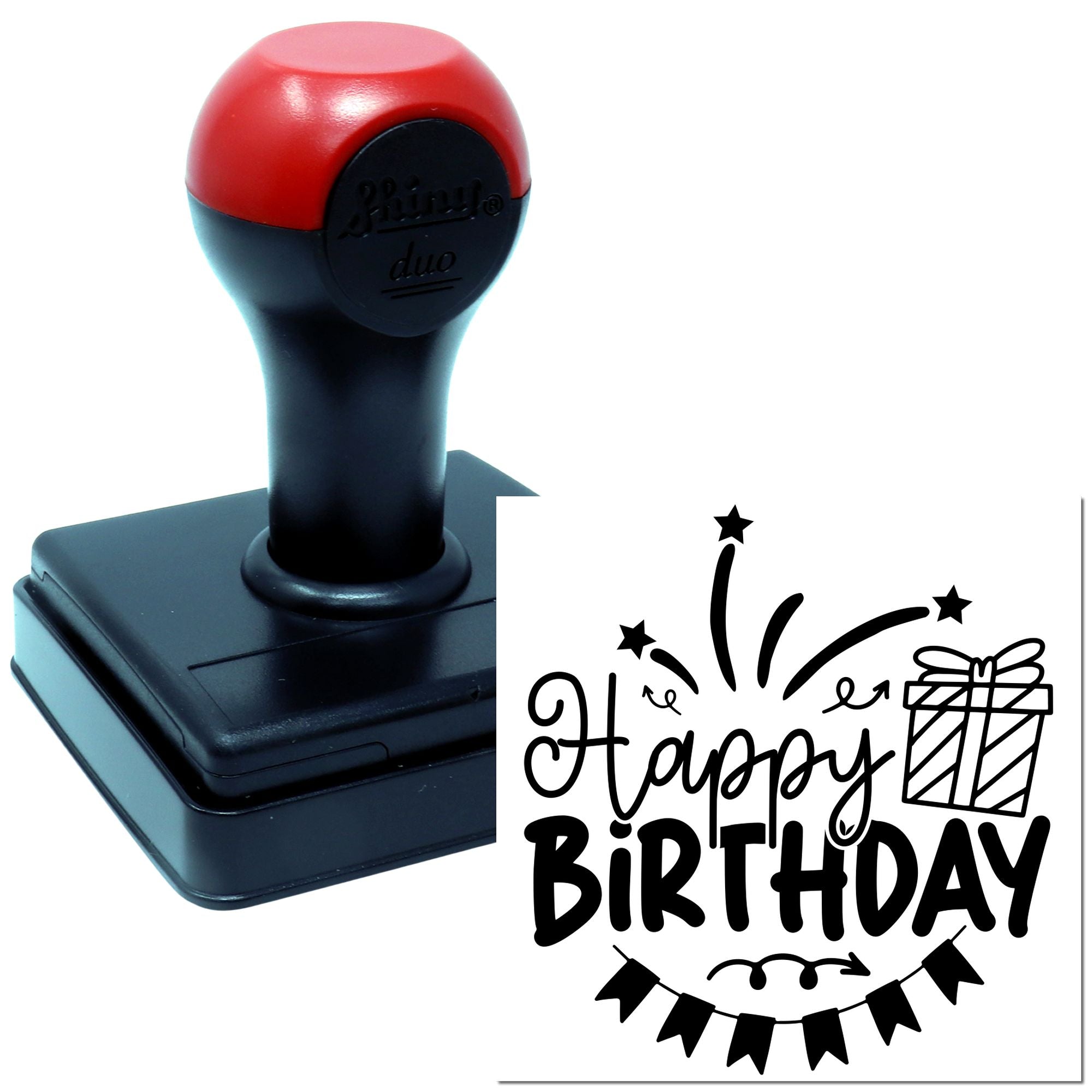 Self-inking Happy Birthday rubber stamp with gift and fireworks design for cards, party favors, and packaging.