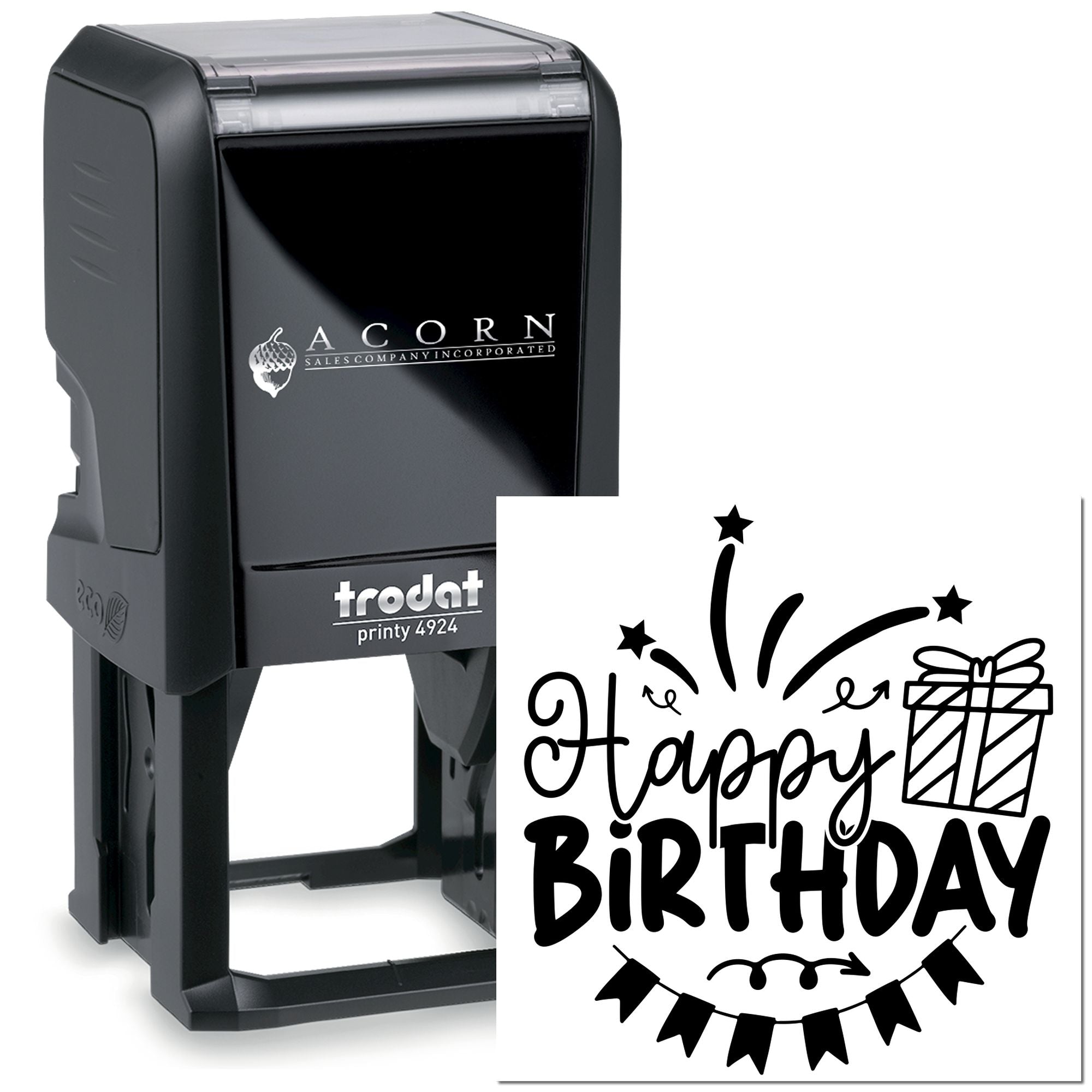 Trodat Printy 4924 self-inking rubber stamp with custom Happy Birthday design for personalized cards and gifts.