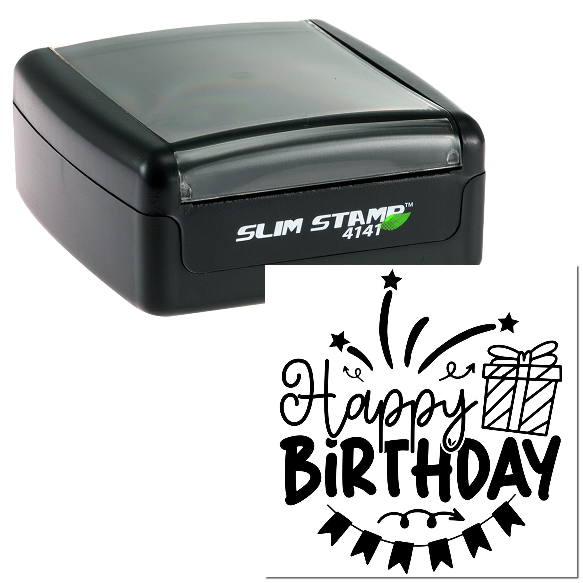 Slim Stamp 4141 self-inking rubber stamp with custom Happy Birthday design for cards, crafts, and party invitations