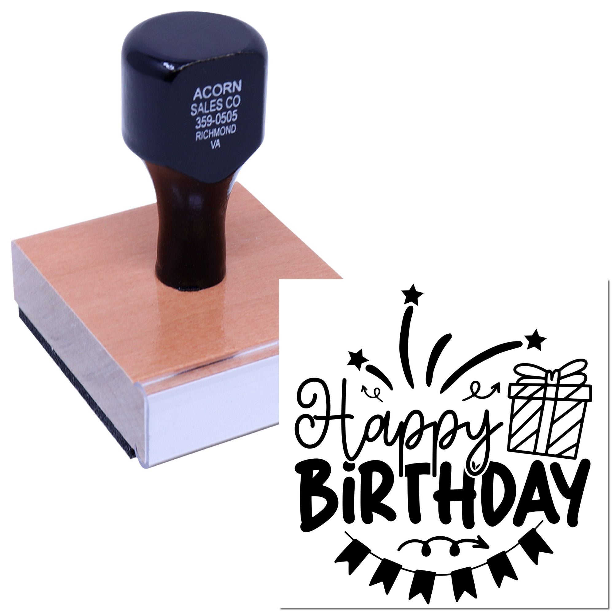 Happy Birthday rubber stamp with gift and fireworks design for greeting cards, party invitations, and gift packaging.