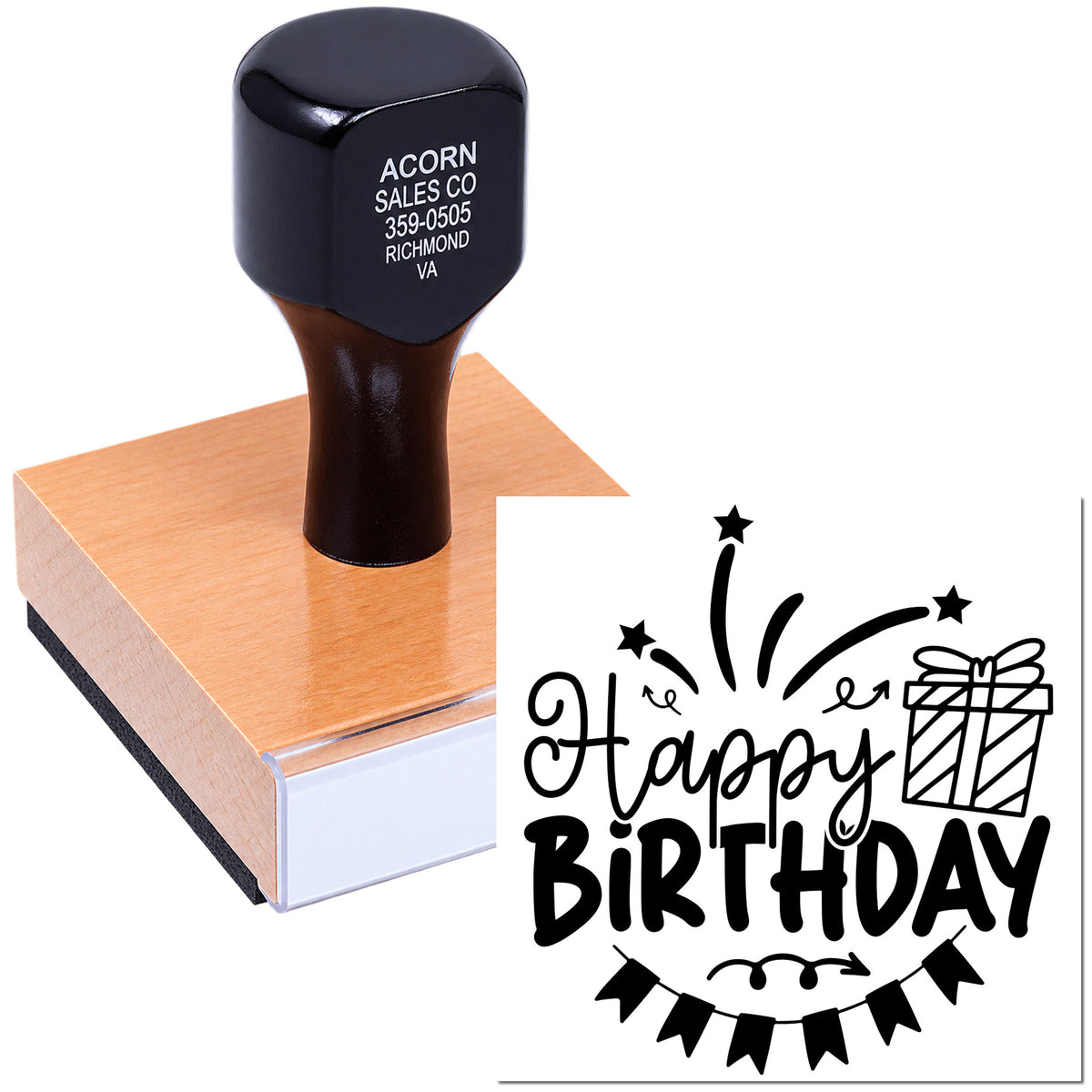 Happy Birthday rubber stamp with gift and fireworks design for greeting cards, party invitations, and gift packaging.