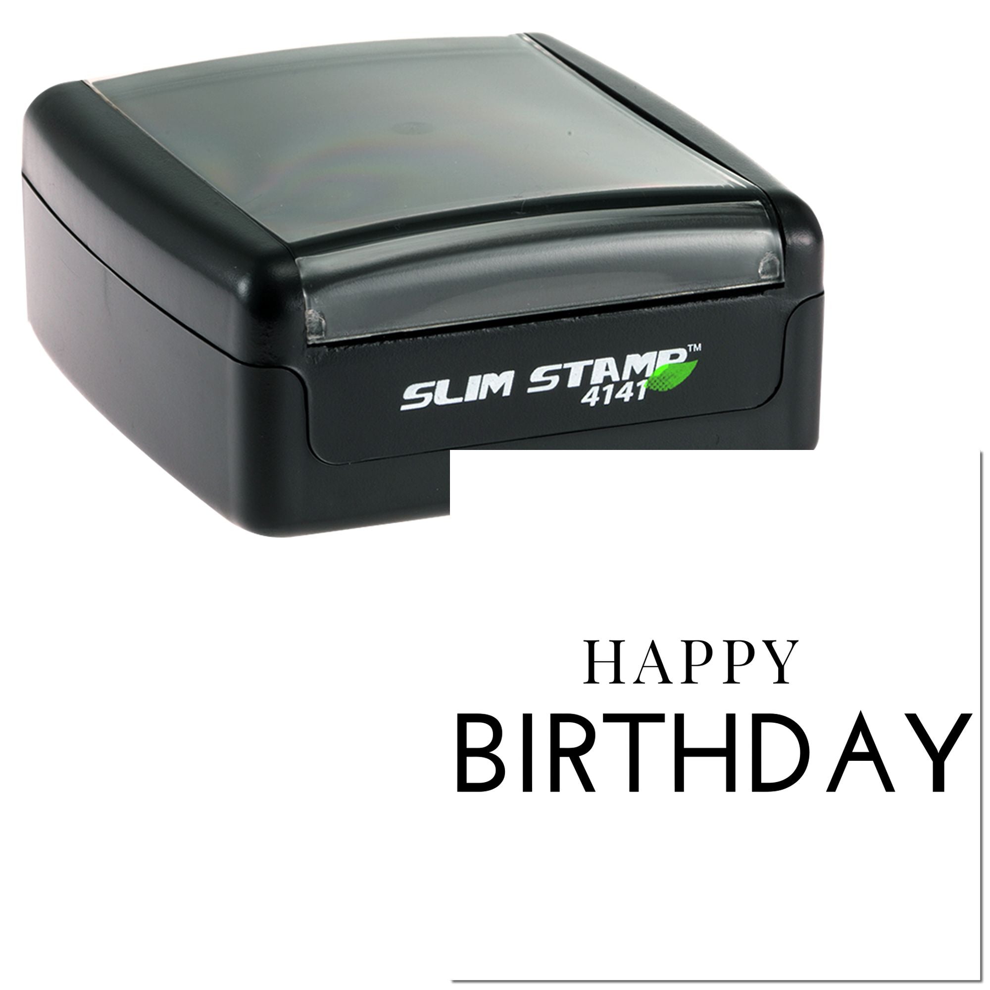 Slim Stamp 4141 self-inking rubber stamp with Happy Birthday impression, ideal for birthday cards and personalized messaging.