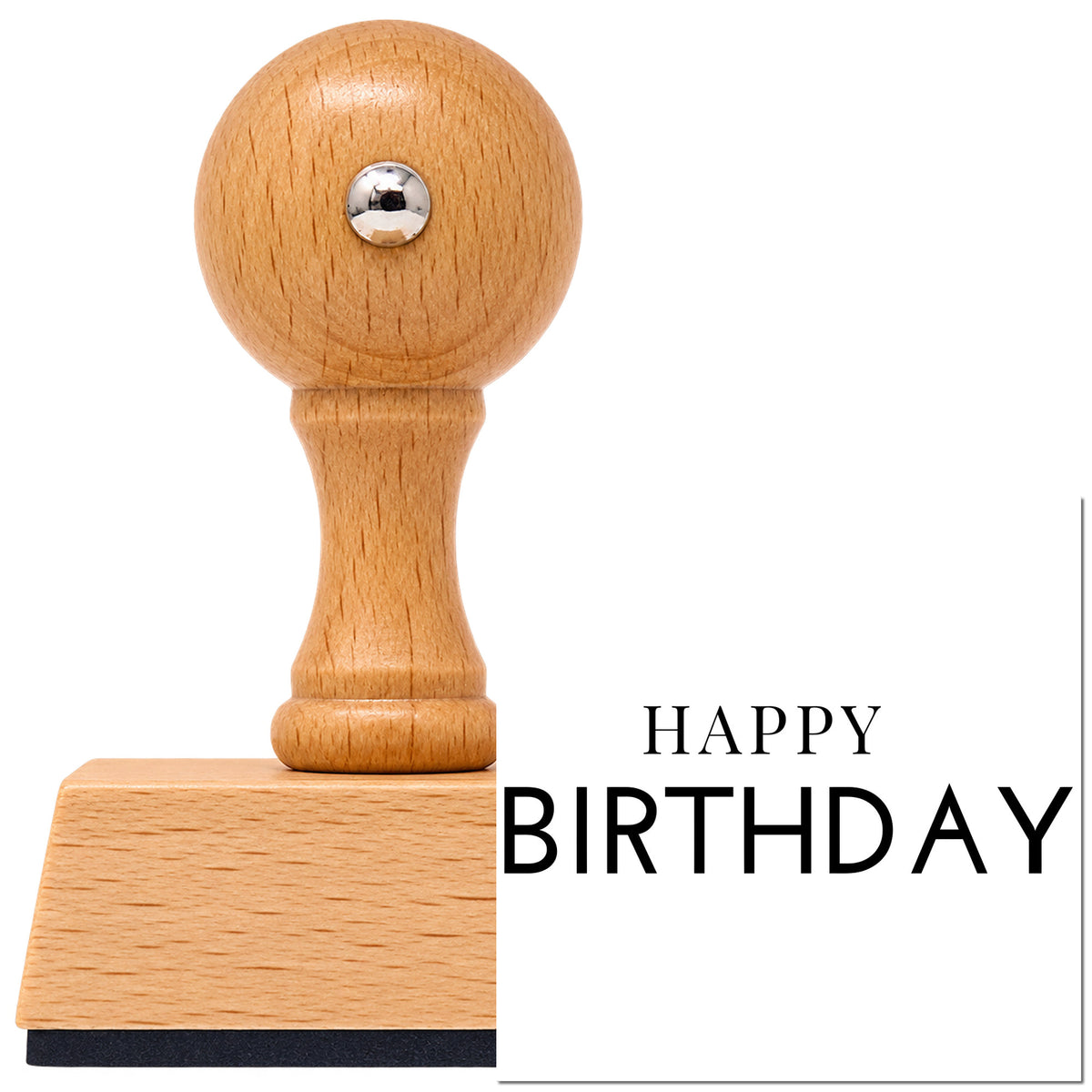 Simple Happy Birthday Capitals Serif Lettering Vintage Pro rubber stamp in European beech wood with a round knob handle, shown beside its black imprint.