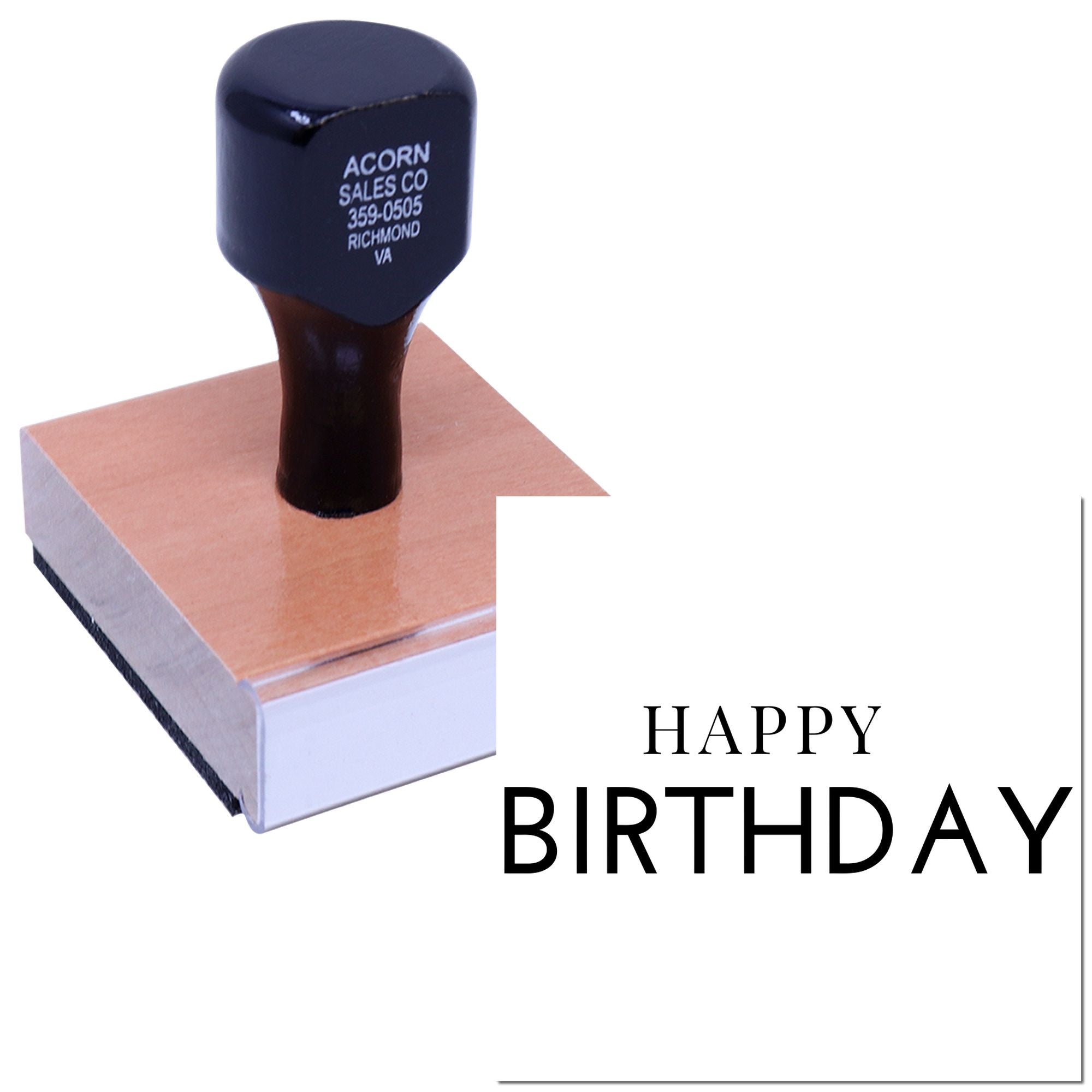 Custom Happy Birthday rubber stamp for greeting cards, scrapbooking, and party craft projects.