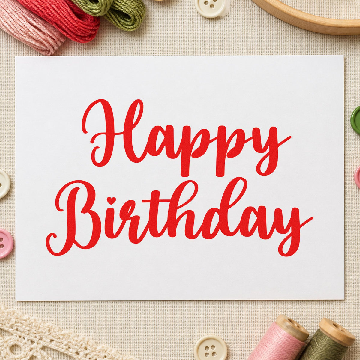 Happy Birthday Bold Script craft stamp imprint in red ink on a handmade project, one idea being order slip cards.