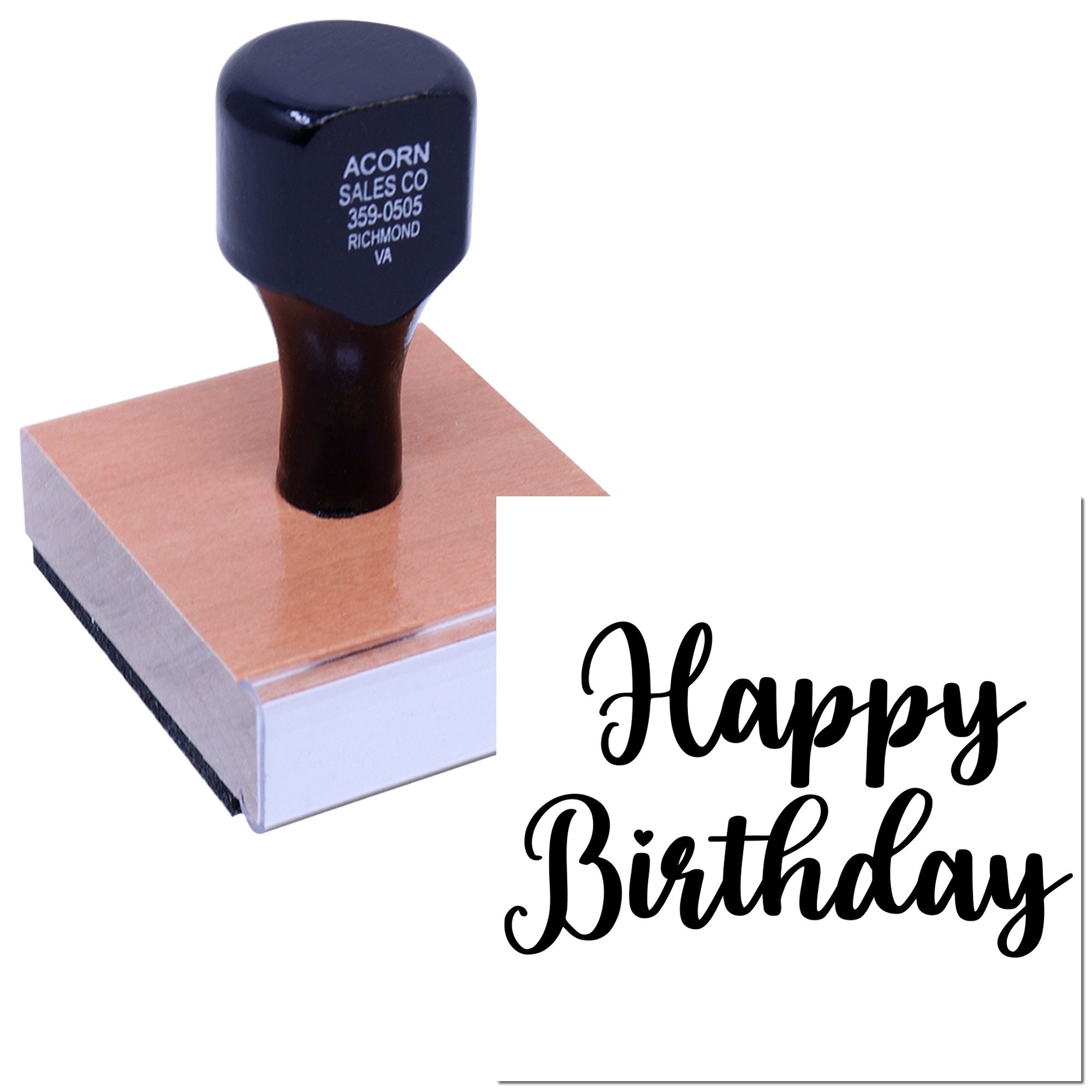 Happy Birthday rubber stamp with custom self-inking design for cards, invitations, and party greetings.