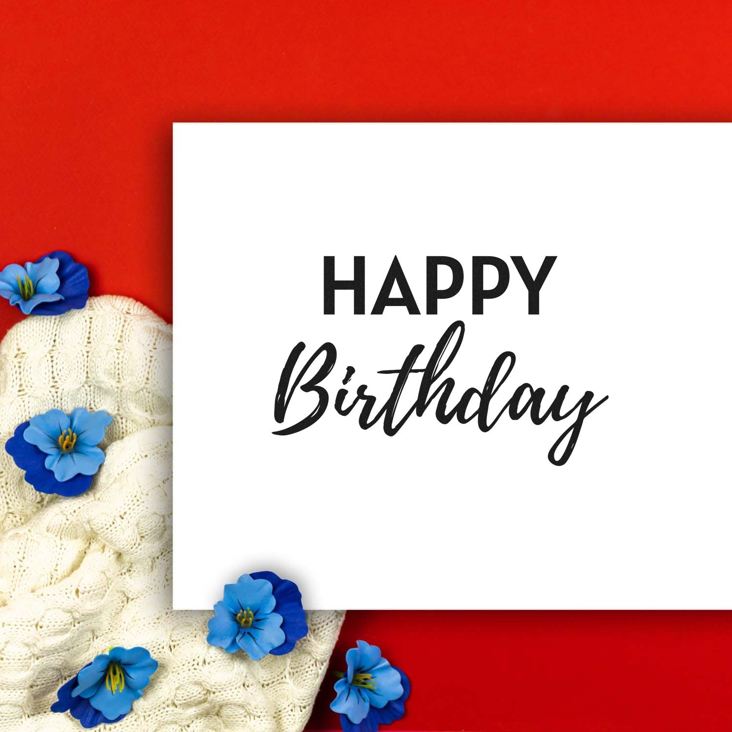 Happy Birthday rubber stamp design for greeting cards, featuring bold script on a clean white background with floral accents.