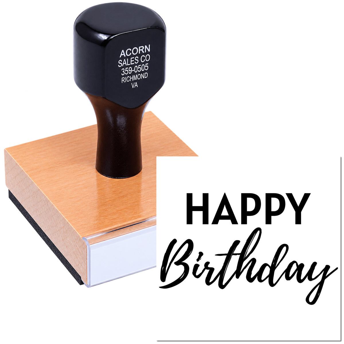 Happy Birthday rubber stamp with custom self-inking handle, ideal for birthday cards, invitations, and gift packaging.