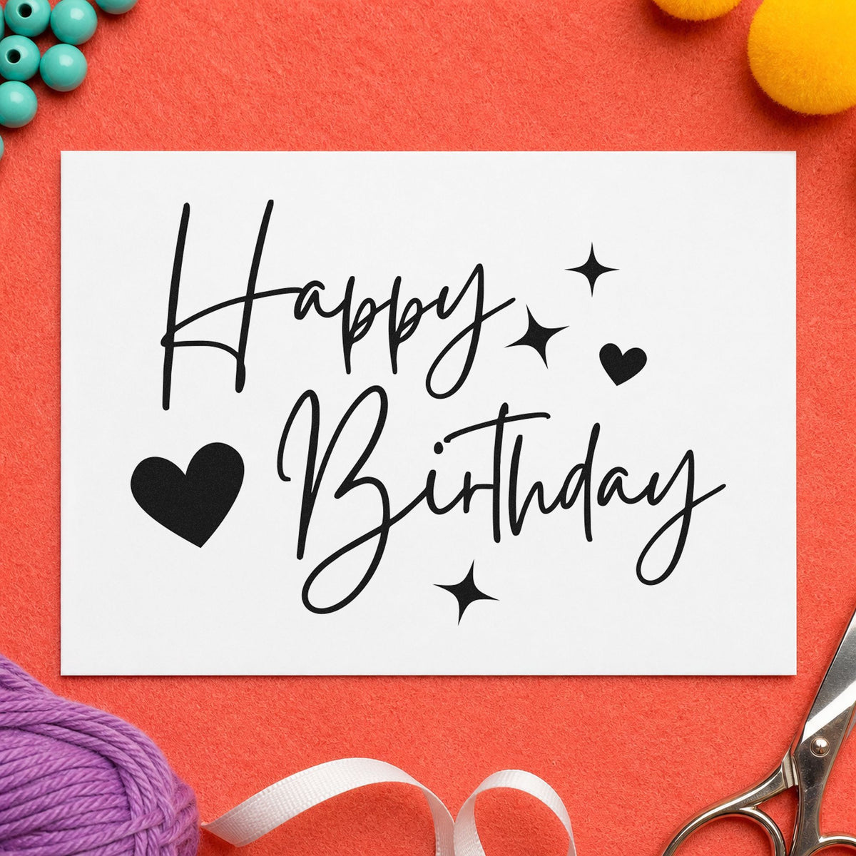 Birthday Hearts And Sparkles craft stamp in black ink on cardstock, an easy option for spa day album page.