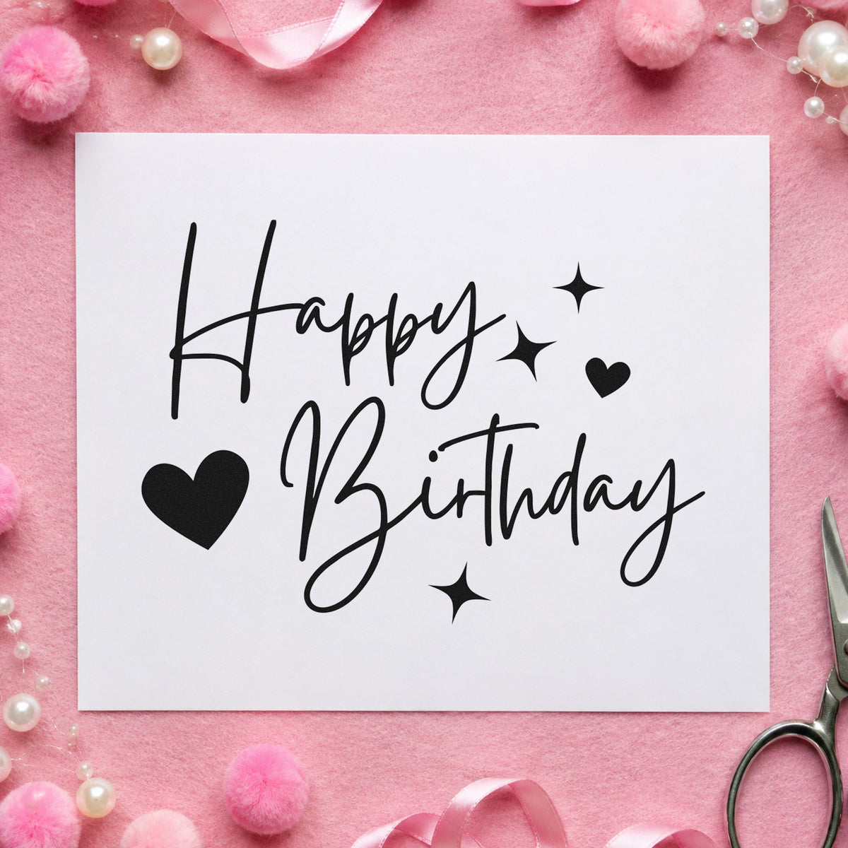 Birthday Hearts And Sparkles rubber stamp printed in black ink, ready for treatment plan sheet and similar paper crafts.