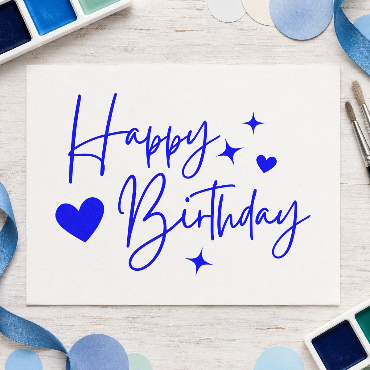 Birthday Hearts And Sparkles craft stamp in blue ink on cardstock, an easy option for robe panel printing.