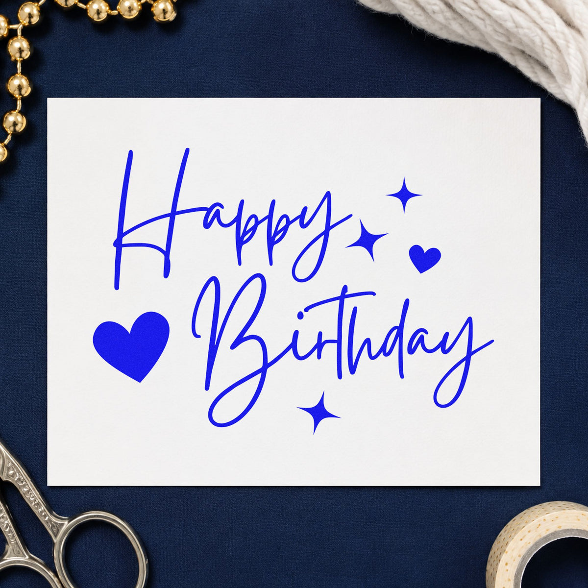 Birthday Hearts And Sparkles craft stamp imprinted in blue ink on paper, a design suited to framed relax room.