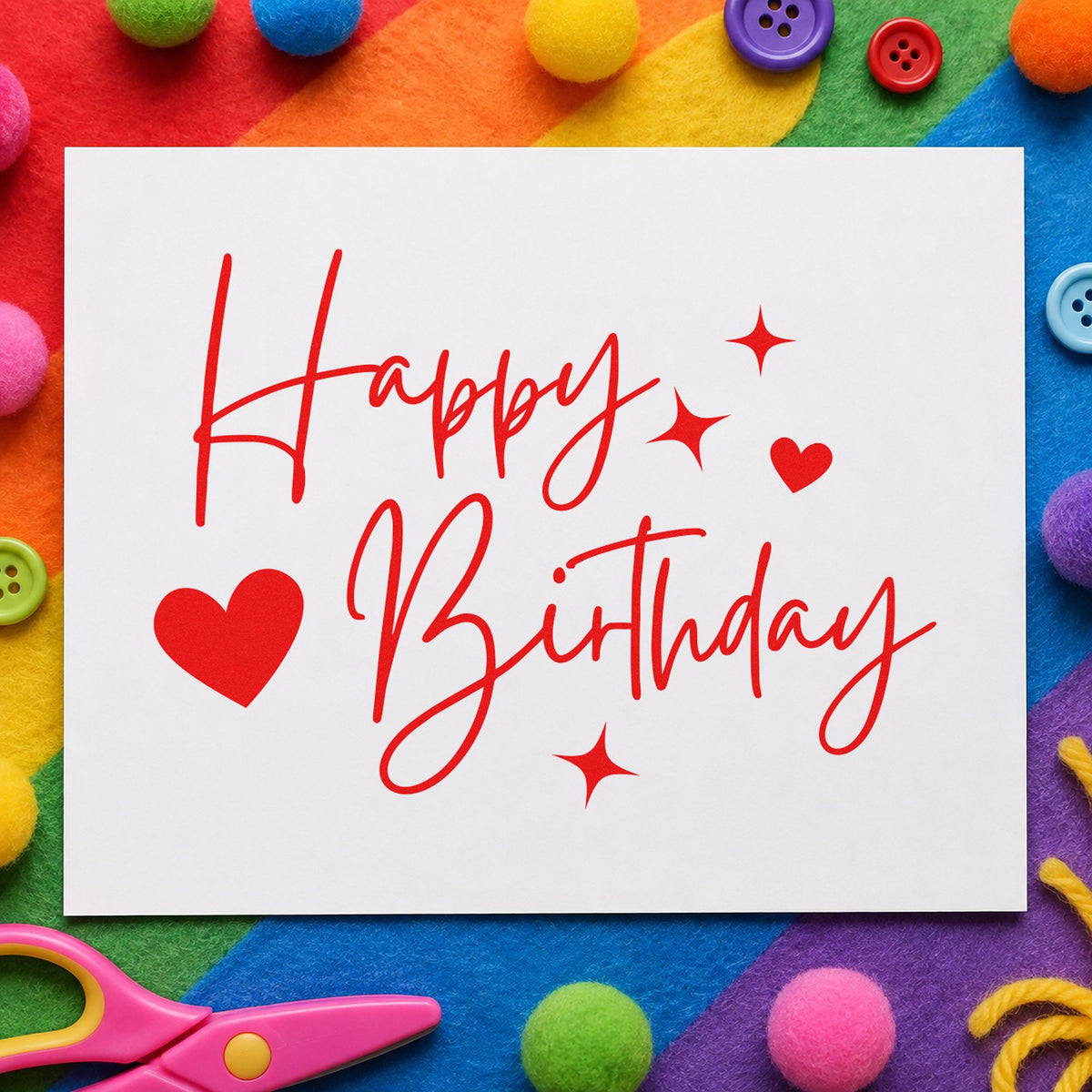 Birthday Hearts And Sparkles rubber stamp shown in red ink, stamped for projects such as shelf product labels.