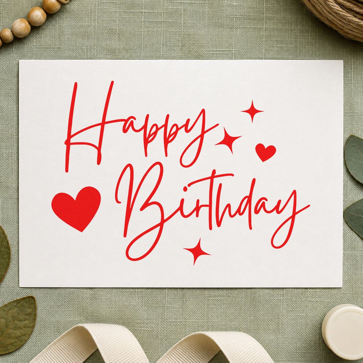 Birthday Hearts And Sparkles craft stamp imprint in red ink on a handmade project, one idea being aftercare note cards.
