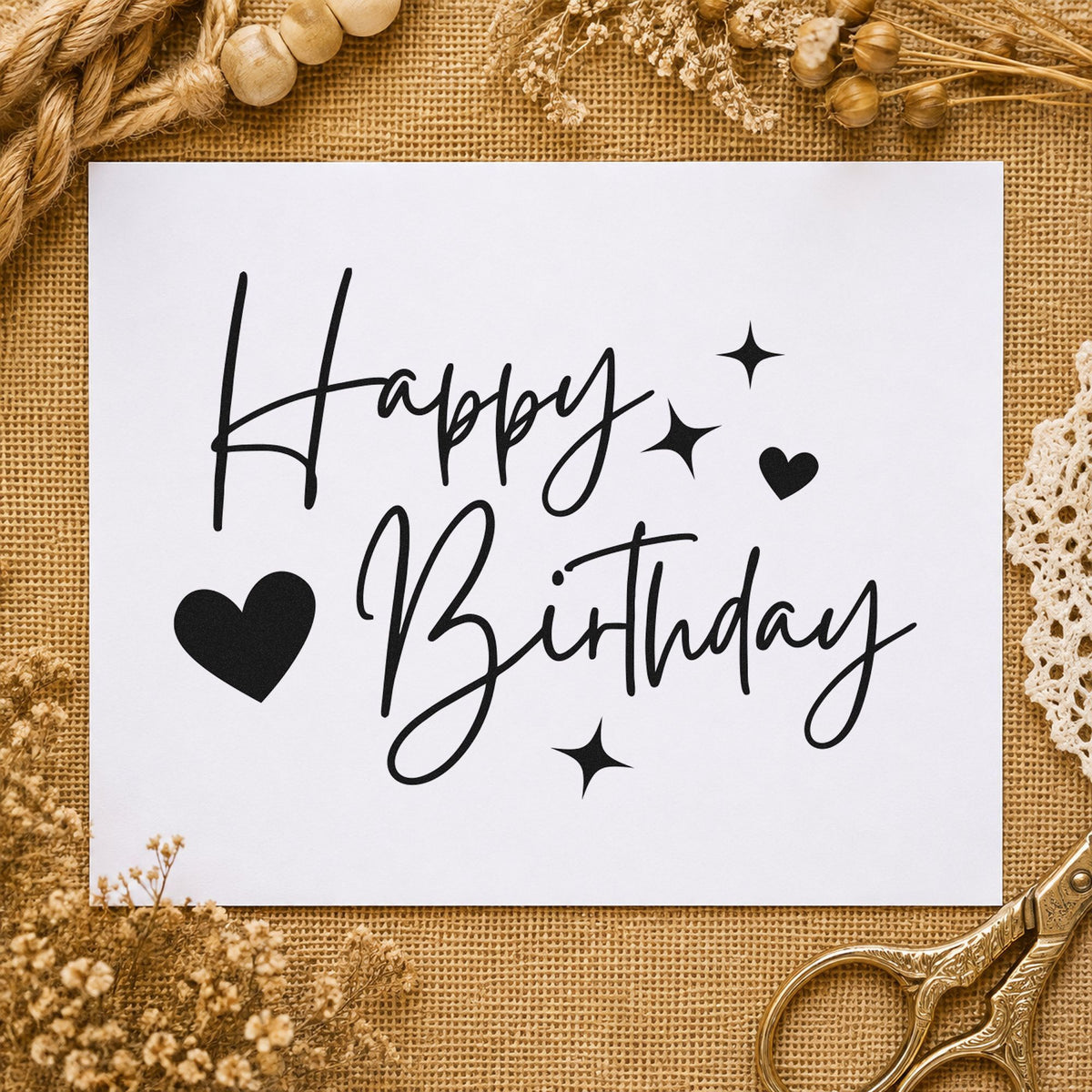 Birthday Hearts And Sparkles rubber stamp printed in black ink, ready for two heart cards and similar paper crafts.