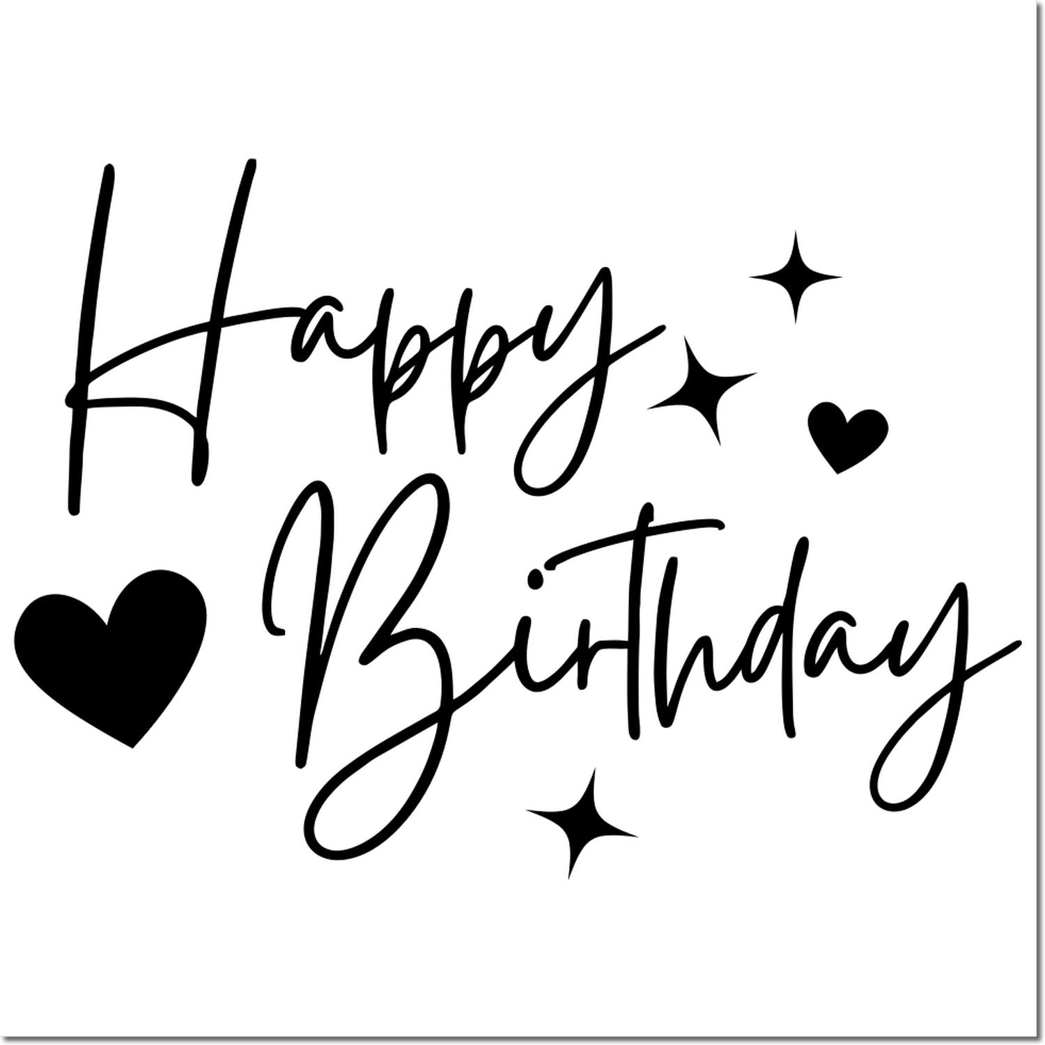 Happy Birthday rubber stamp design with hearts and sparkles, bold handwritten lettering for birthday cards and craft projects.