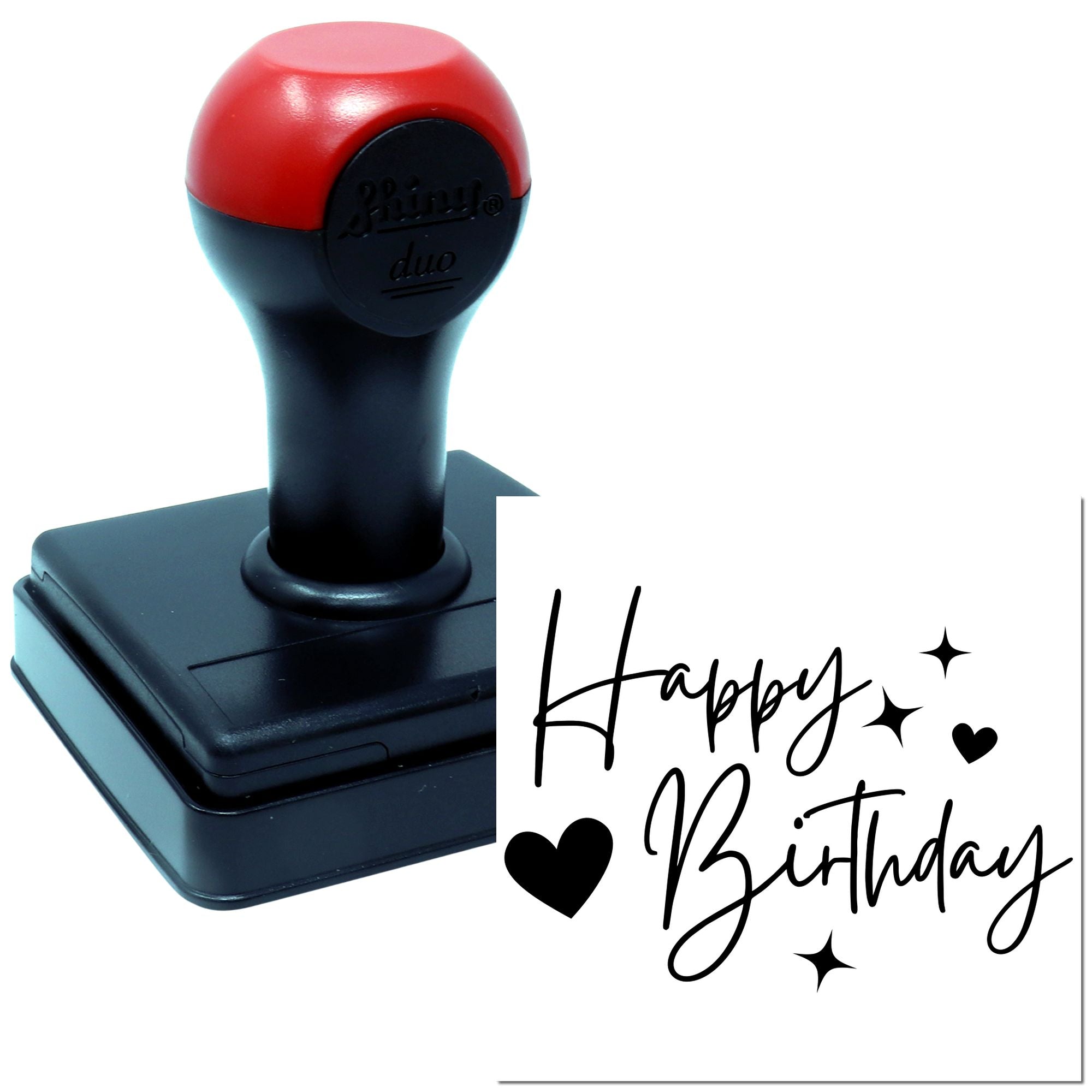 Happy Birthday self-inking rubber stamp with hearts and stars for card making, scrapbooking, and birthday crafts.