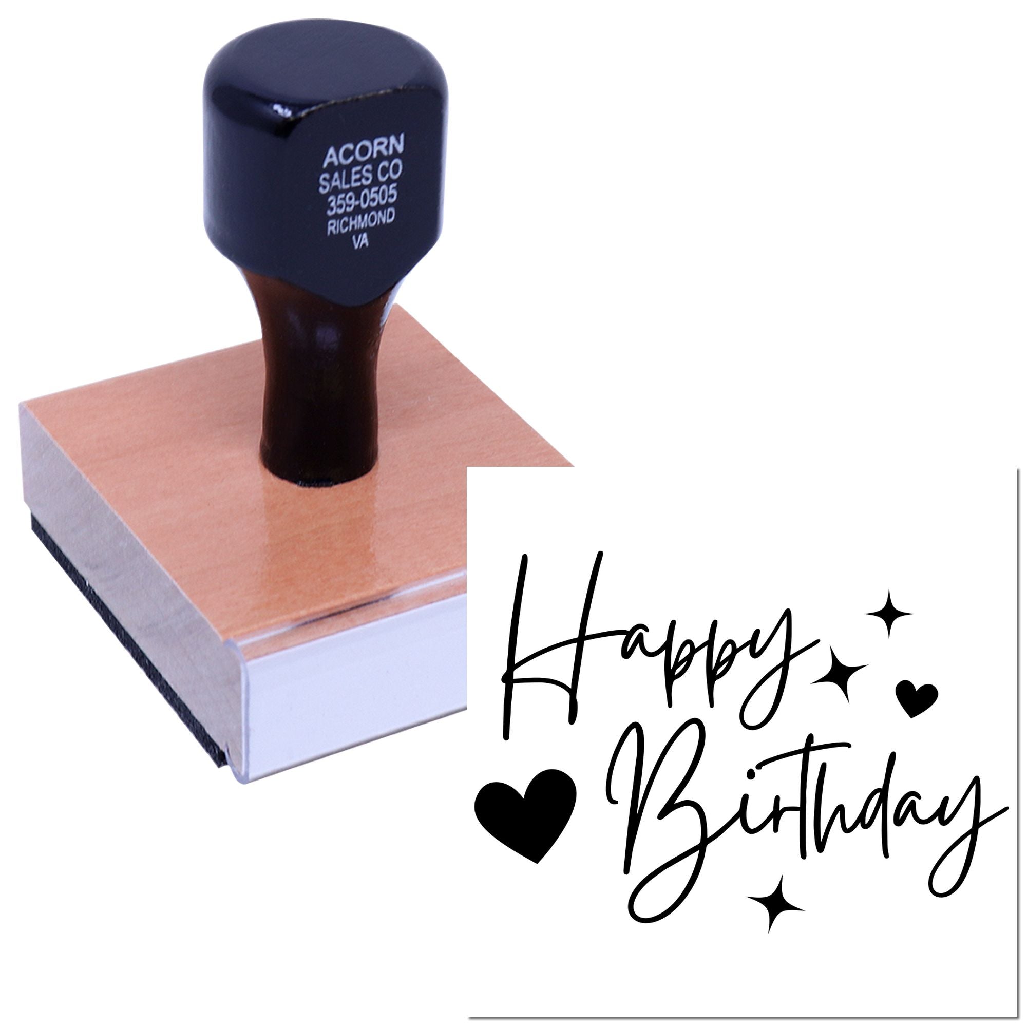 Happy Birthday rubber stamp with hearts and stars for custom cards, invitations, scrapbooking, and gift packaging.