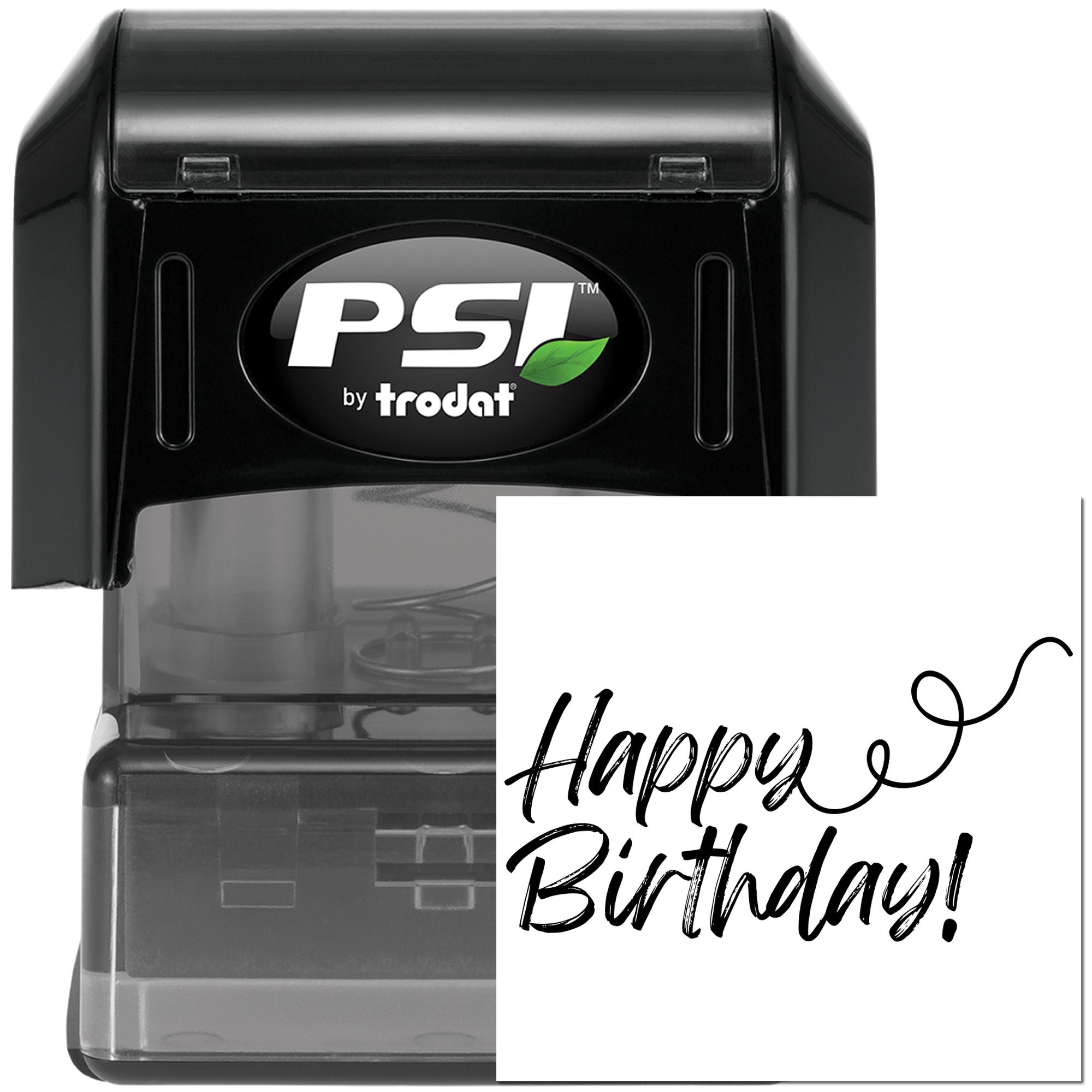 PSI by Trodat self-inking rubber stamp displaying a custom Happy Birthday! imprint sample