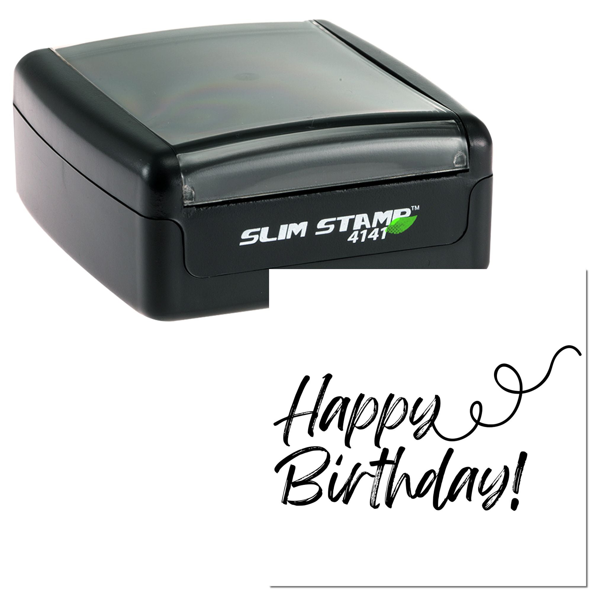 Black self-inking rubber stamp with Happy Birthday design for custom birthday cards, invitations, and business packaging.