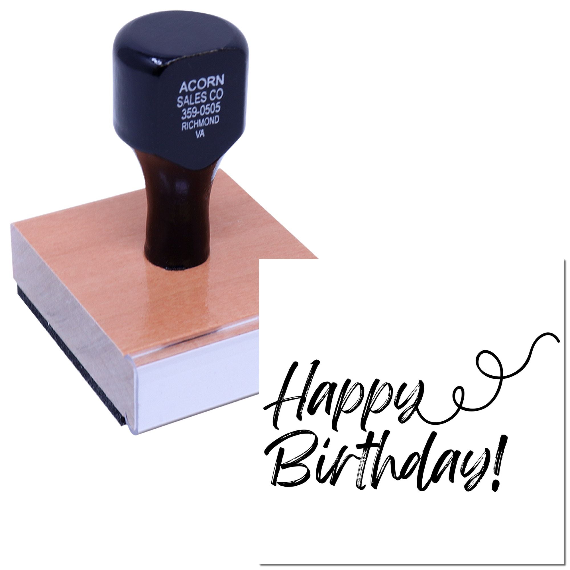 Happy Birthday rubber stamp on wood base for custom greeting cards, scrapbooking, and party stationery.