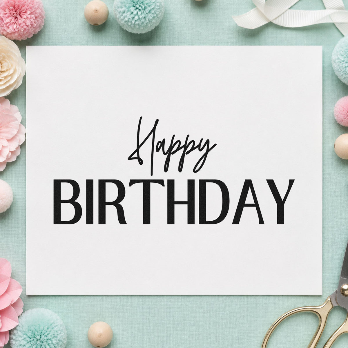 Happy Birthday Narrow Capitals craft stamp in black ink on cardstock, an easy option for library year album page.