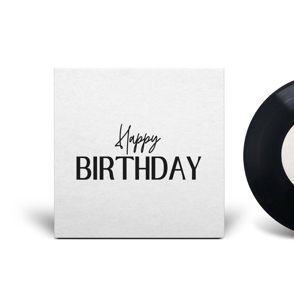 Happy Birthday Narrow Capitals Premium Wooden Stamp - Vintage Pro imprint stamped in black ink. A small script Happy sits above tall narrow BIRTHDAY capitals.