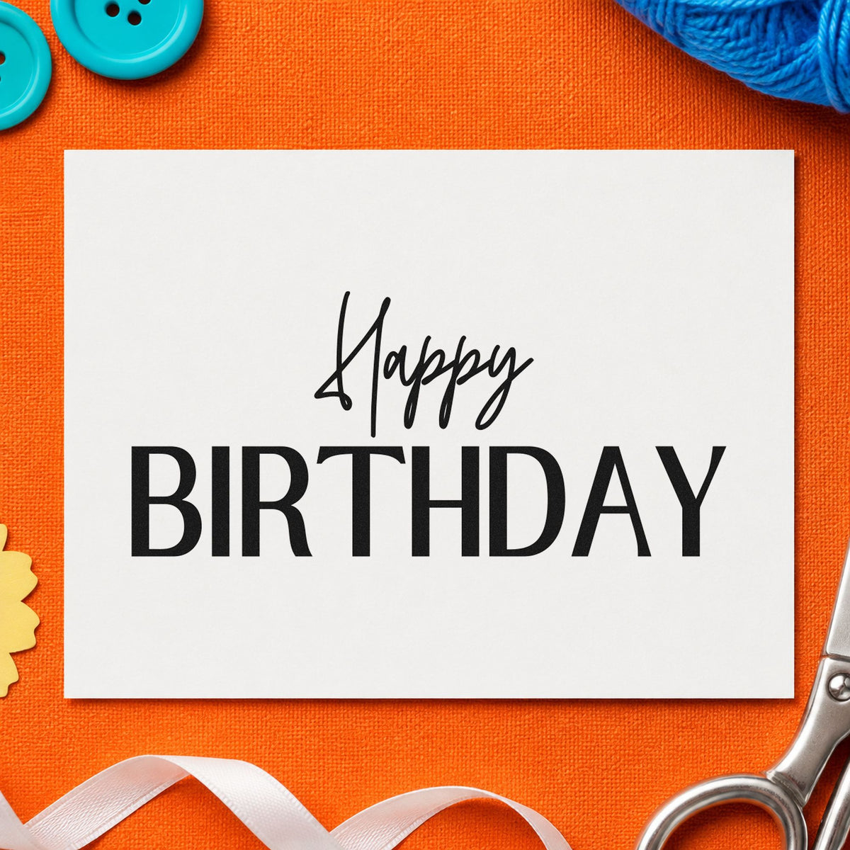 Happy Birthday Narrow Capitals rubber stamp printed in black ink, ready for member date sheet and similar paper crafts.
