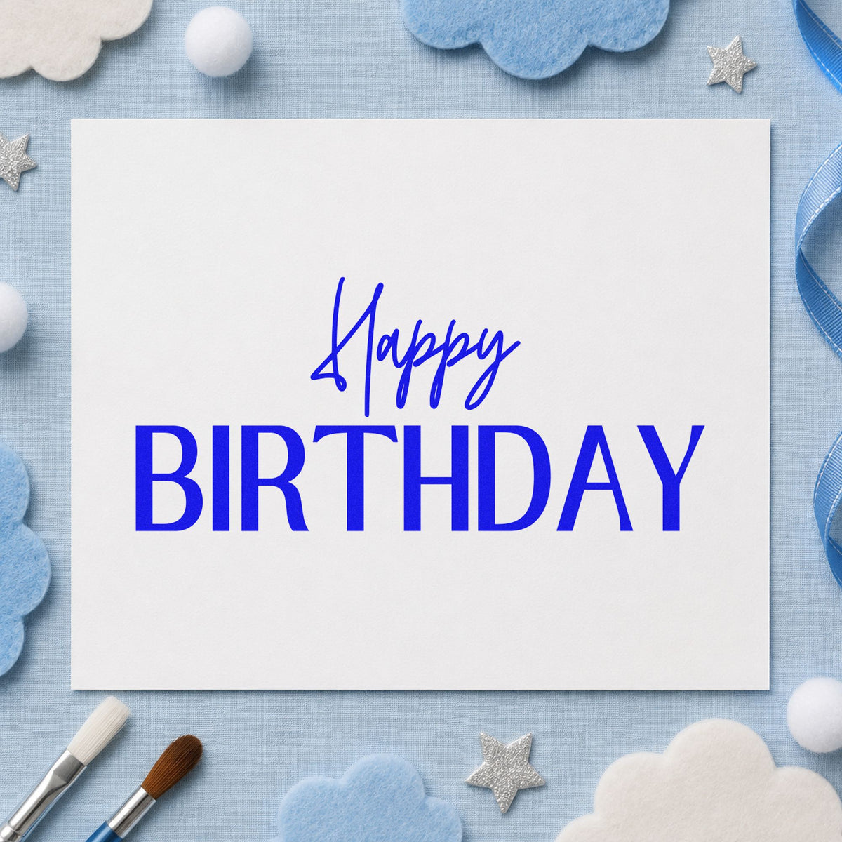 Happy Birthday Narrow Capitals craft stamp in blue ink on cardstock, an easy option for book bag printing.