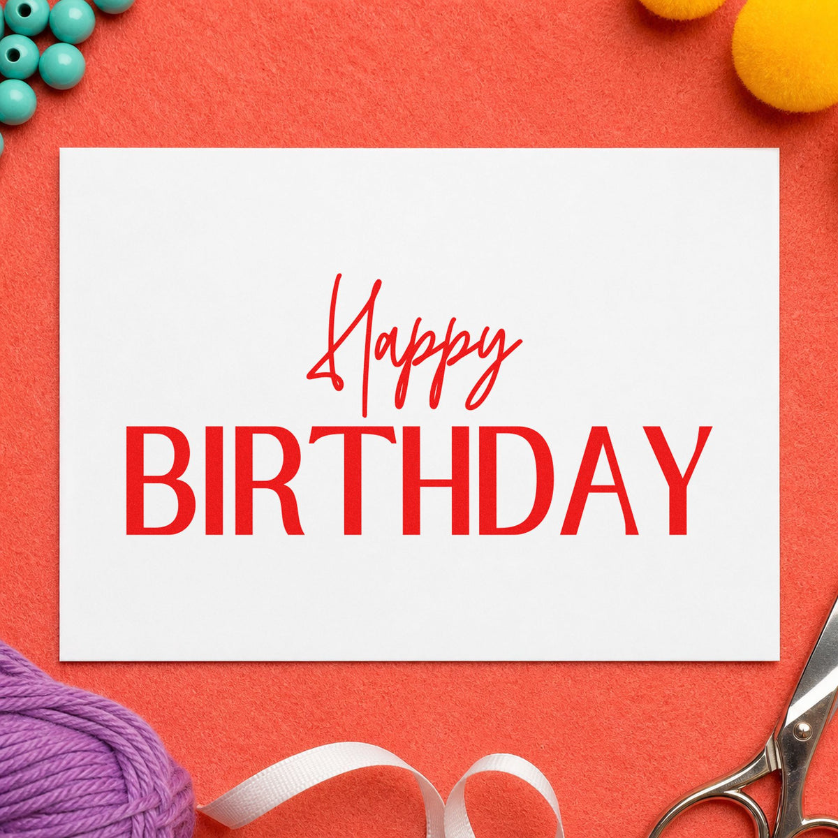 Happy Birthday Narrow Capitals craft stamp imprint in red ink on a handmade project, one idea being reading pick cards.