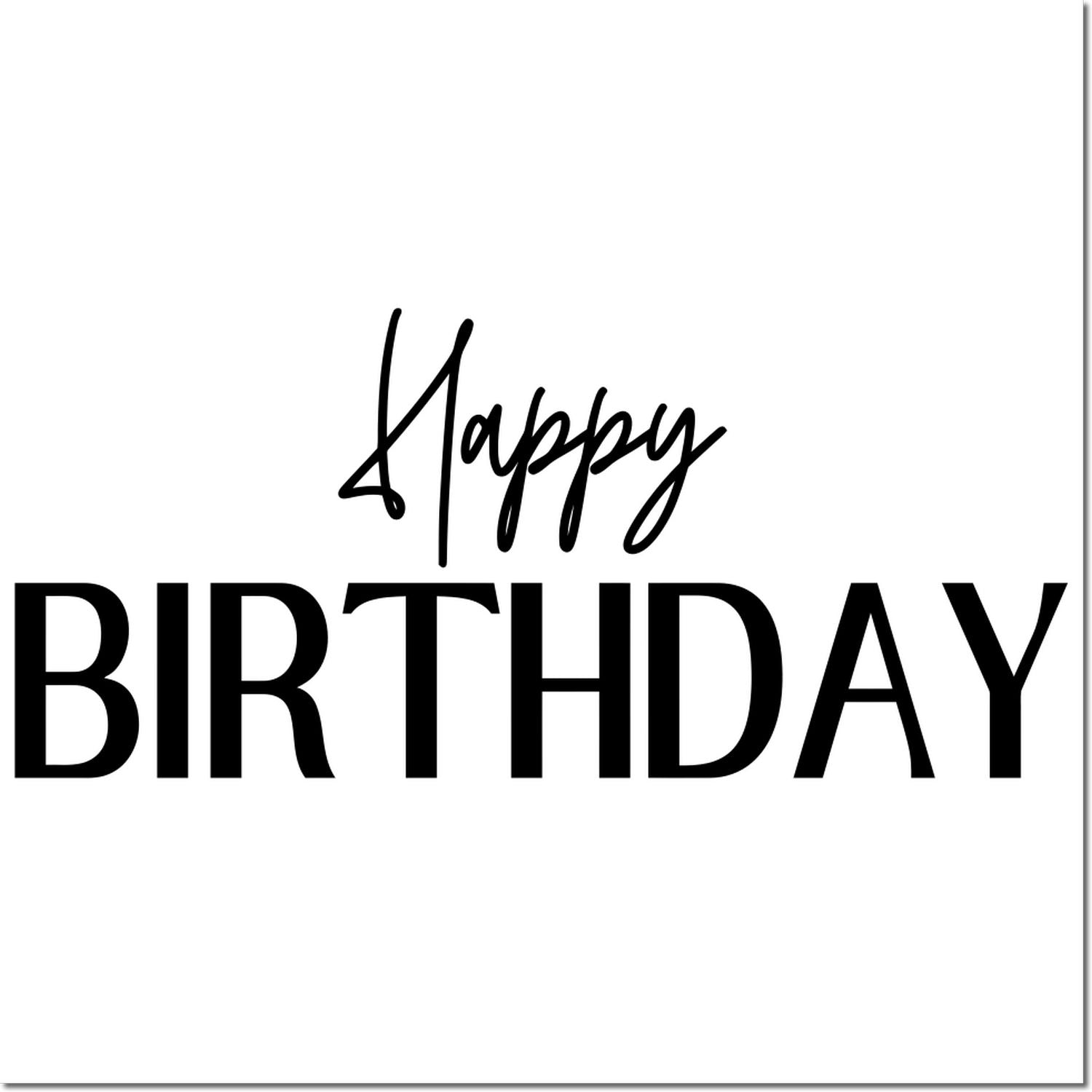 Happy Birthday rubber stamp design with bold modern lettering for cards, invitations, and handmade gifts.