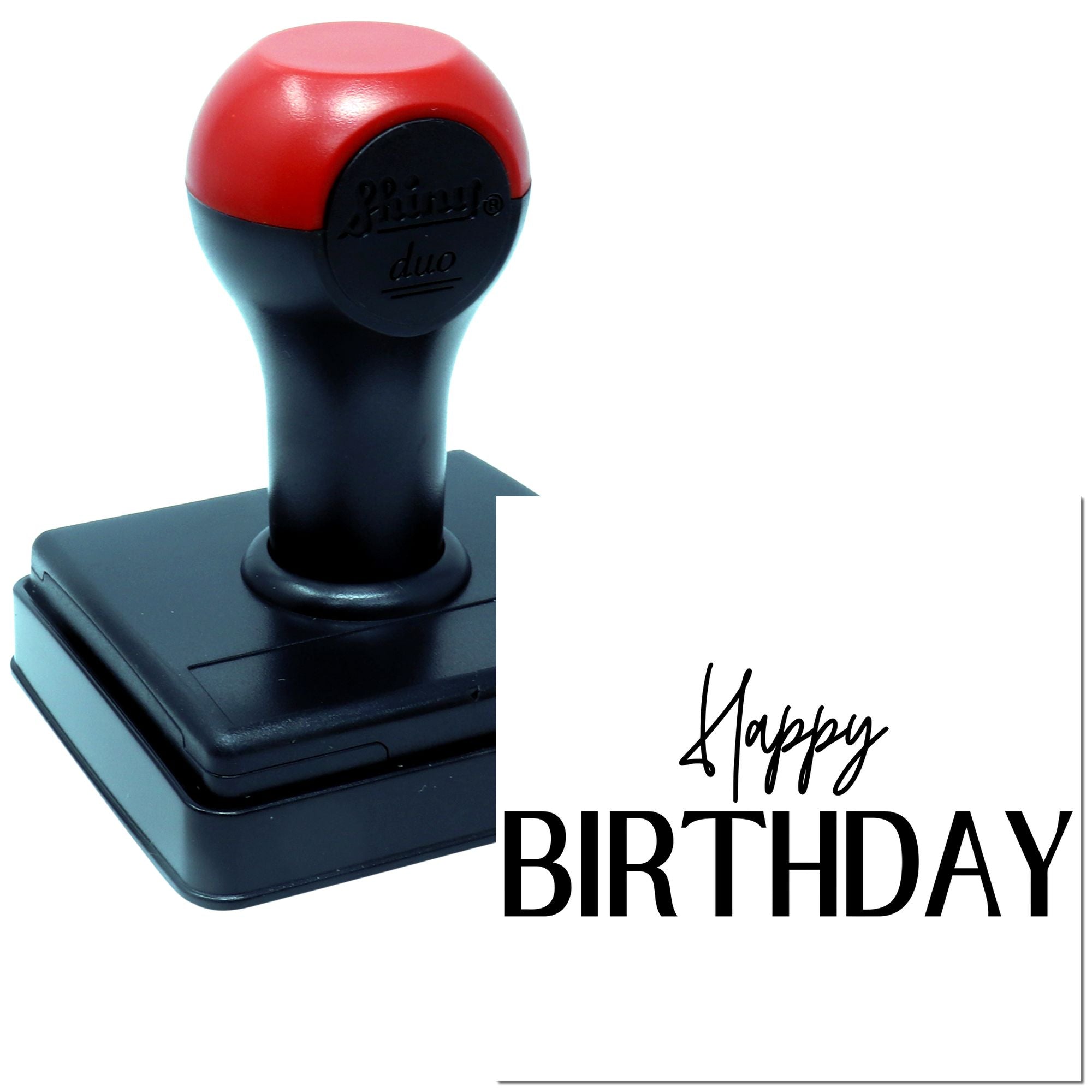 Self-inking Happy Birthday rubber stamp for cards, invitations, and party crafts.
