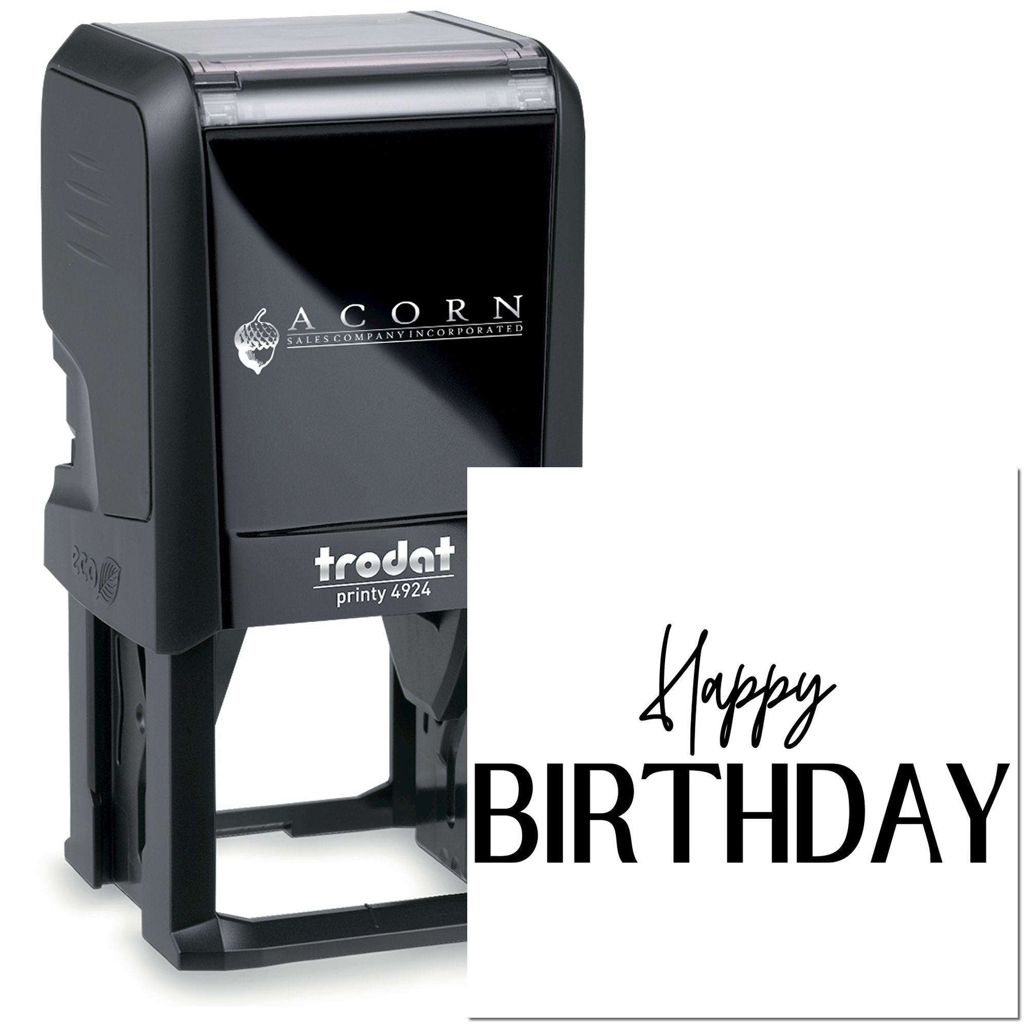 Trodat Printy 4924 self-inking rubber stamp with custom Happy Birthday imprint for personalized birthday cards and gifts.