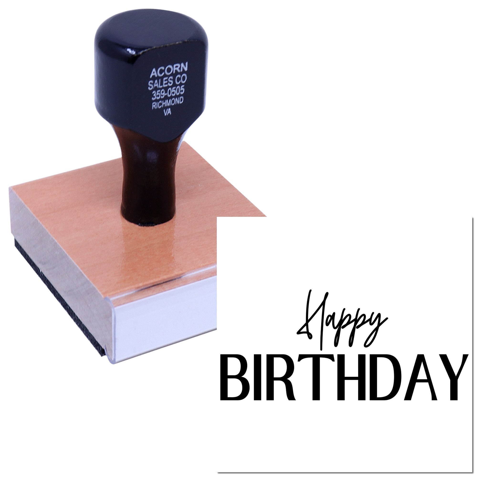 Custom Happy Birthday rubber stamp used to stamp greeting cards and party invitations.